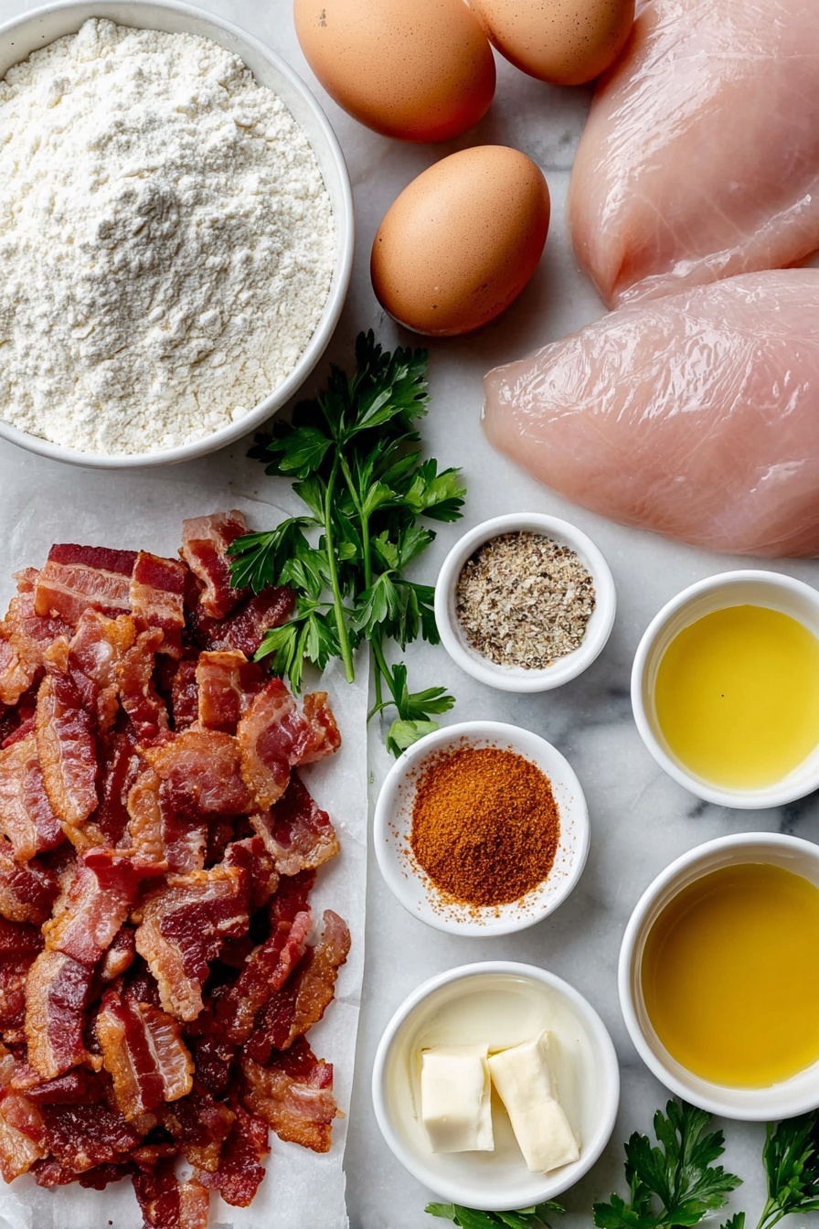 Flat lay of thick-cut bacon strips chopped into small pieces, two large boneless skinless chicken breasts, a small white bowl of all-purpose flour, a small white bowl of Italian breadcrumbs, a small white bowl with mixed garlic salt and paprika, a few whole brown eggs with clean shells, a small white bowl of kosher salt and black pepper, a small white bowl of canola oil, a small white bowl of unsalted butter, a small white bowl of chicken stock, a small white bowl of heavy cream, a small pinch of cayenne pepper on a white ceramic dish, a few fresh parsley sprigs placed neatly, all arranged symmetrically and balanced on a clean white marble surface, soft natural light, photo taken with an iPhone, professional food photography style, fresh ingredients, white ceramic bowls, no bottles, no duplicates, no utensils, no packaging --ar 2:3 --v 7 --p m7354615311229779997 - Smothered Chicken with Bacon and Creamy Gravy, hearty chicken dinner, bacon chicken recipe, creamy gravy chicken, comfort food chicken dish