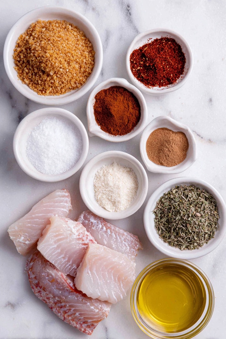Flat lay of a small mound of golden brown sugar, a small white bowl of bright red cayenne powder, a small white bowl of dark smoked paprika powder, a small white bowl of light brown allspice powder, a small white bowl of warm cinnamon powder, a small white bowl of fine nutmeg powder, a small white bowl of pale garlic powder, a small white bowl of off-white onion powder, a small white bowl of dried green thyme leaves, a small white bowl of coarse kosher salt, four fresh, skinless white snapper fillets arranged neatly, and a small white bowl filled with extra virgin olive oil, all ingredients fresh and natural, placed on a clean white marble surface, soft natural light, photo taken with an iPhone, professional food photography style, fresh ingredients, white ceramic bowls, no bottles, no duplicates, no utensils, no packaging --ar 2:3 --v 7 --p m7354615311229779997 - Jamaican Jerk Fish, Jamaican Jerk Fish Recipe, Caribbean fish dishes, spicy fish recipes, quick seafood dinner