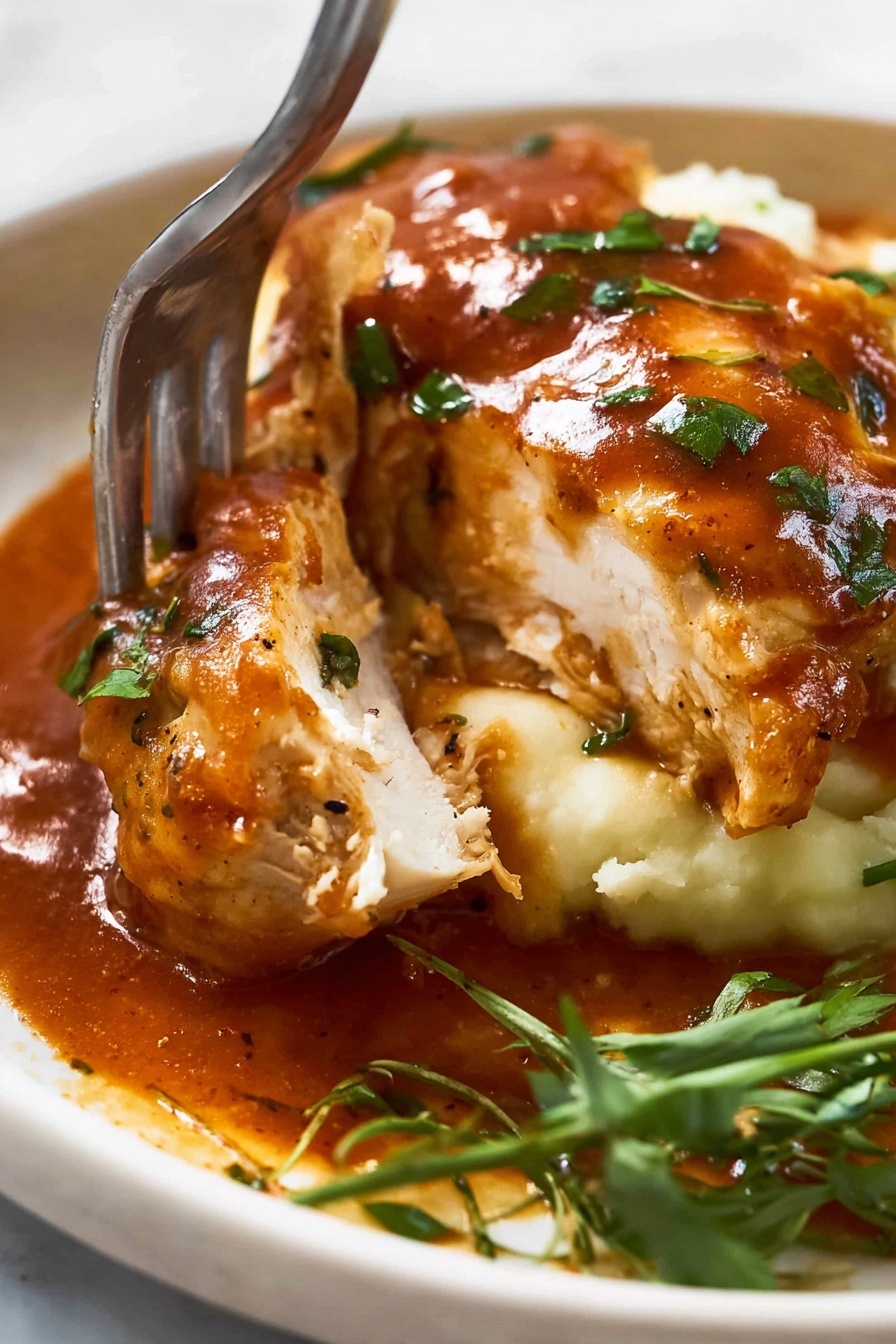 The image shows a white plate with three layers of food on a white marbled surface. The bottom layer is creamy mashed potatoes, smooth and fluffy with a bright white color. On top of the potatoes is a thick layer of rich, dark brown gravy, poured generously and slightly spilling over the sides. Over the gravy, there are two pieces of tender meat covered in the same gravy, with small bits of green herbs sprinkled on top for color. On the side, there is a small serving of fresh green salad leaves with soft white cheese pieces mixed in. The photo taken with an iphone --ar 2:3 --v 7 - Sticky Chicken Thighs with Savory Sauce, flavorful chicken thigh recipe, quick chicken dinner ideas, easy Asian-inspired chicken, savory sticky chicken