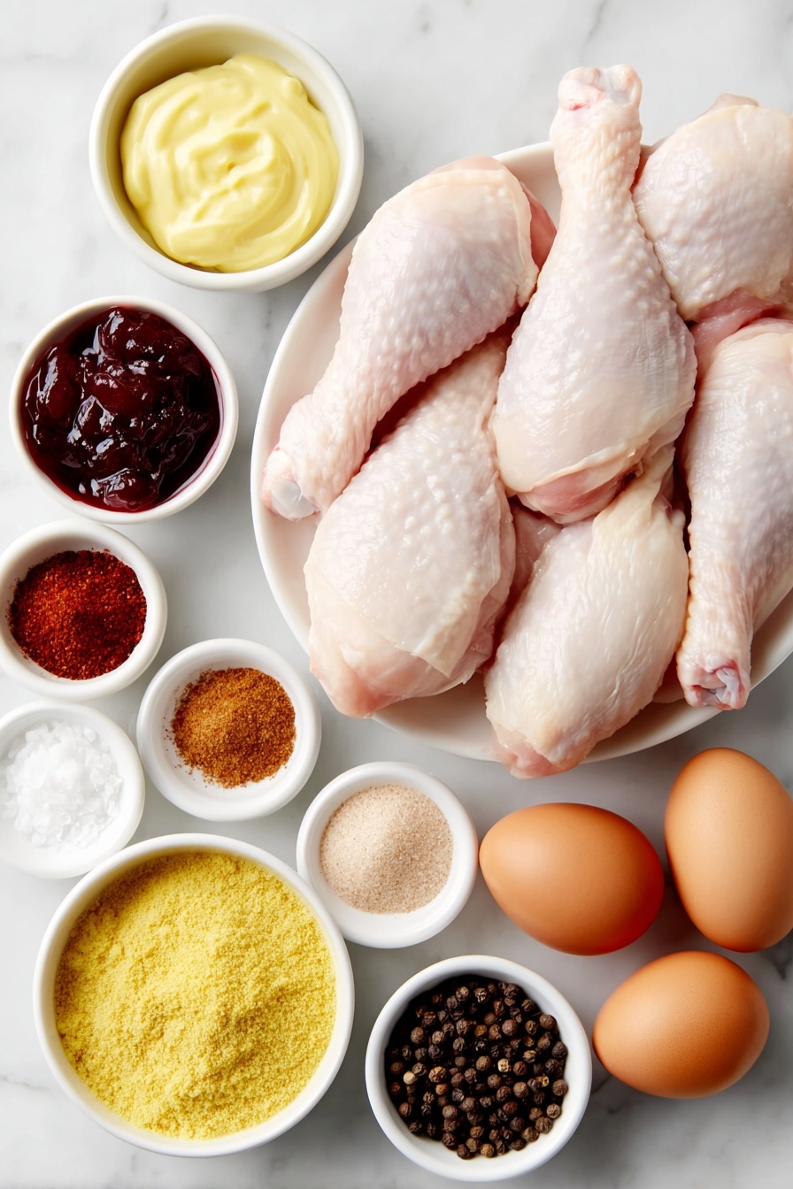 Flat lay of fresh raw chicken drumsticks with smooth skin arranged in a simple white ceramic dish, a small white bowl with glossy ruby-red raspberry jam, a small white bowl containing creamy pale yellow Dijon mustard, a few fresh dried chipotle peppers chopped finely in a small white bowl with deep reddish-brown adobo sauce, a small white bowl of dark brown soft brown sugar crystals, a small white bowl of coarse white salt grains, another small white bowl holding ground sweet paprika powder in a warm brick red shade, a small white bowl with fine light beige garlic powder, a small white bowl with light tan onion powder, a small white bowl of bright yellow ground mustard powder, a small white bowl filled with cracked black peppercorns, a few whole raw eggs with smooth clean shells placed neatly on the side, all arranged with perfect symmetry on a clean white marble surface, soft natural light, photo taken with an iPhone, professional food photography style, fresh ingredients, white ceramic bowls, no bottles, no duplicates, no utensils, no packaging --ar 2:3 --v 7 --p m7354615311229779997 - Slow Cooker Raspberry Chicken Drumsticks, raspberry chicken recipe, easy slow cooker chicken, flavorful chicken drumsticks, sweet and tangy chicken