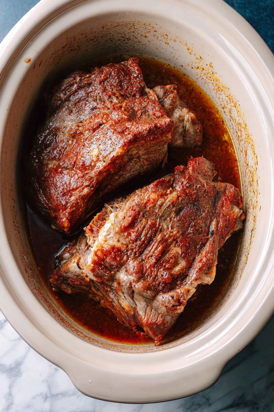 A metal tray holds several ribs covered in a thick, dark red sauce, giving them a shiny and sticky look. Three ribs are stacked flat on the left side, showing a textured, slightly charred surface sprinkled with small green onion slices and herbs. On the right, two ribs rest with the bone facing outward, showing tender, light brown meat inside with a slight crust on the edges. Fresh green herb sprigs lie under and around the ribs. A black and white checkered cloth is partially visible on the right side. The background is a white marbled texture. Photo taken with an iphone --ar 2:3 --v 7 - Slow Cooker Ribs with Pepsi and Barbecue, tender ribs with Pepsi and barbecue, easiest ribs recipe, slow cooker barbecue ribs, fall-off-the-bone ribs