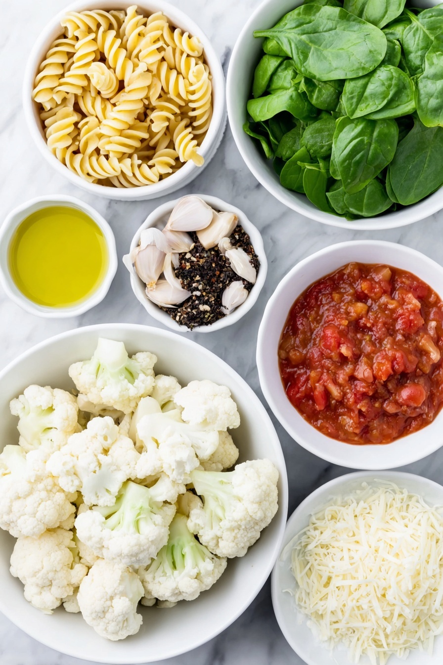 Flat lay of dry rotini pasta in a small white bowl, a small white bowl of olive oil, sliced baby bella mushrooms on a simple white plate, cauliflower florets arranged on a white ceramic dish, three whole uncracked garlic cloves, red pepper flakes in a small white bowl, a small white bowl of Italian seasoning, diced cherry tomatoes on a white plate, tightly packed chopped spinach leaves on a white ceramic bowl, a small white bowl filled with tomato sauce, diced fresh mozzarella on a white dish, fresh basil leaves arranged neatly on a white plate, a small pile of grated parmesan on a white ceramic dish placed on a clean white marble surface, soft natural light, photo taken with an iPhone, professional food photography style, fresh ingredients, white ceramic bowls, no bottles, no duplicates, no utensils, no packaging --ar 2:3 --v 7 --p m7354615311229779997 - Vegetable Baked Pasta with Mozzarella, baked vegetable pasta dish, cheesy vegetable pasta, healthy baked pasta recipe, veggie pasta casserole