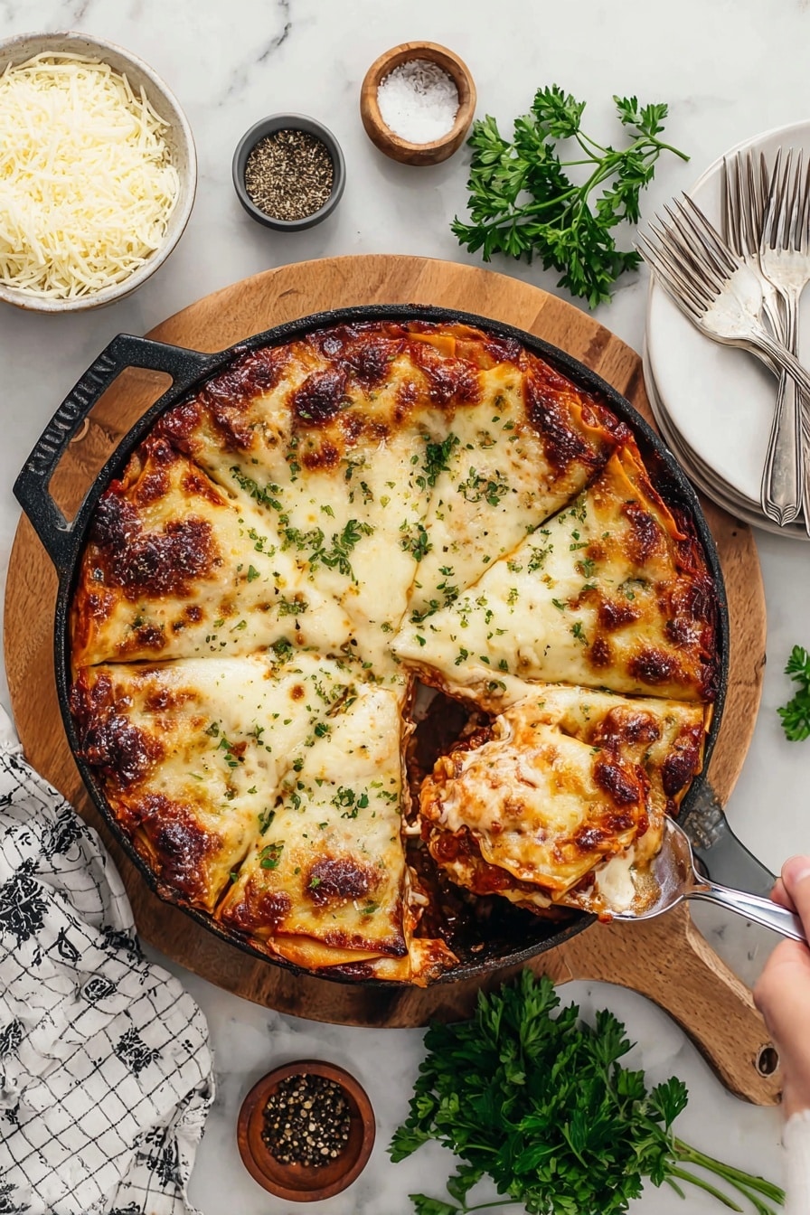 A white plate holds a dish with four rounded meatballs on top. The meatballs have a browned, slightly crispy surface with melted cheese patches. Underneath the meatballs are golden yellow pasta pieces covered with bright red tomato sauce and cheese, which is browned and bubbly in spots. Small green chopped herbs are sprinkled over the dish. The plate sits on a white marbled surface next to a fork wrapped in a cloth napkin, and small bowls with herbs and shredded cheese are nearby. Photo taken with an iphone --ar 2:3 --v 7 - Cheesy Meatball Potato Bake, cheesy meatball casserole, meatball potato bake, hearty meatball dish, family dinner ideas