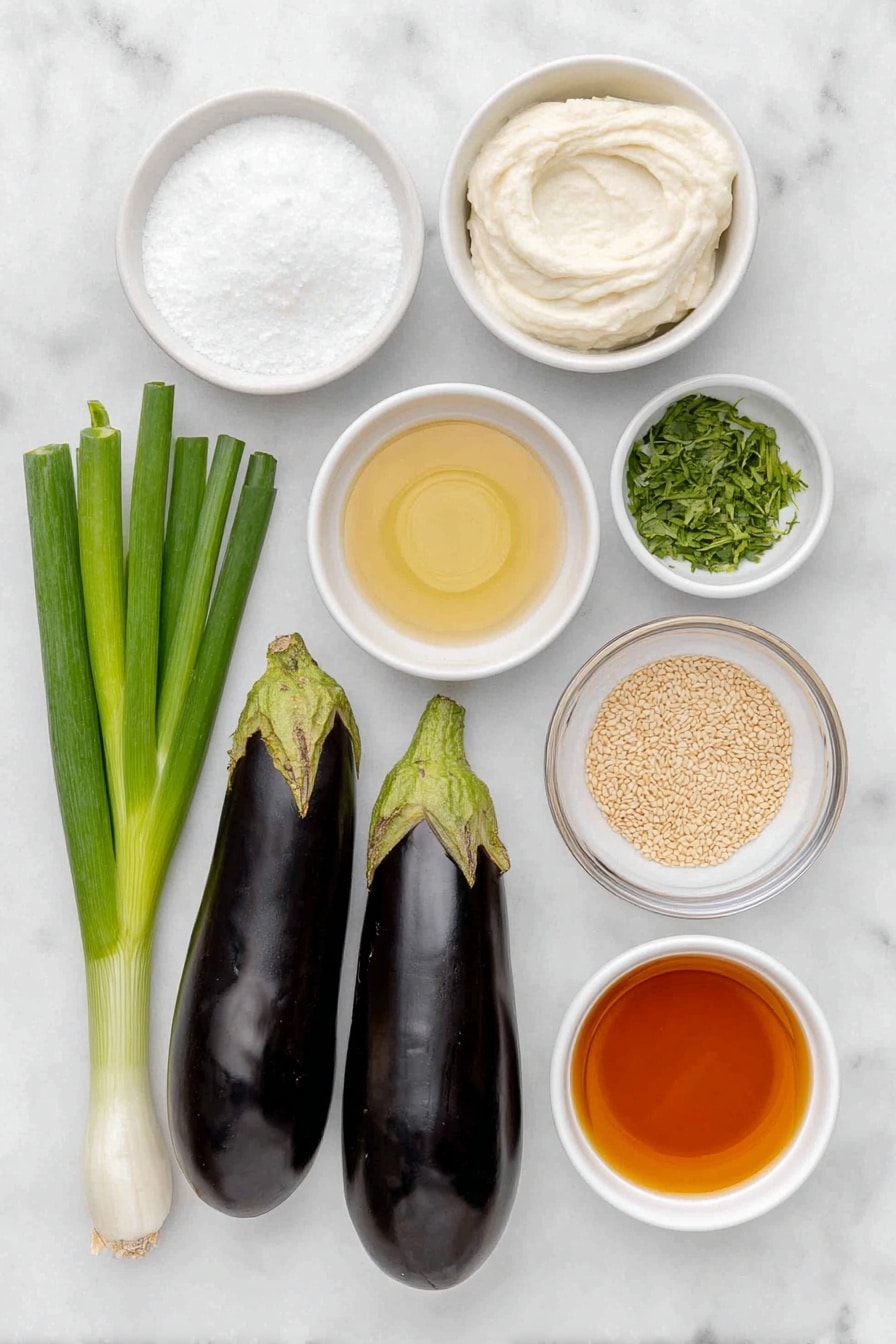Flat lay of two medium-large Italian eggplants halved lengthwise, a small white ceramic bowl with thick white miso paste, a small white ceramic bowl with white granulated sugar, a small white ceramic bowl holding clear light golden mirin, a small white ceramic bowl with pale translucent rice wine vinegar, a small white ceramic bowl filled with amber sesame oil, a small white ceramic bowl of white sesame seeds, a small bunch of fresh green scallions sliced, and a few sprigs of fresh green herbs, all arranged symmetrically and naturally placed on a clean white marble surface, soft natural light, photo taken with an iPhone, professional food photography style, fresh ingredients, white ceramic bowls, no bottles, no duplicates, no utensils, no packaging --ar 2:3 --v 7 --p m7354615311229779997 - Miso Eggplant, Eggplant recipe, Umami vegetable dish, Easy Asian eggplant, Healthy eggplant appetizer