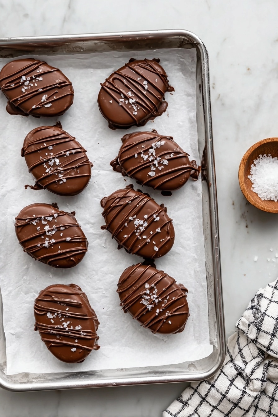 Eight oval-shaped treats covered in smooth milk chocolate are placed on white parchment paper inside a silver baking tray. Each treat is topped with thin, darker chocolate drizzles creating random lines, and sprinkled with small flakes of white sea salt. To the right of the tray, there is a small wooden bowl filled with coarse white salt sitting on a white marbled surface, along with a checkered cloth partly visible in the lower right corner. The lighting is soft, highlighting the shiny chocolate texture. photo taken with an iphone --ar 2:3 --v 7 - Vegan Peanut Butter Chocolate Eggs, vegan Easter treats, homemade vegan chocolates, healthy vegan dessert, plant-based Easter candies