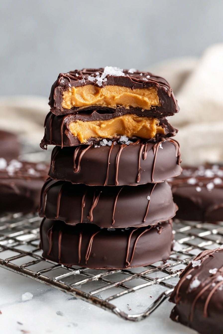A stack of four round chocolate-covered treats sits on a white marbled surface on a cooling rack. The bottom three layers are whole, smooth, dark chocolate disks with a drizzle of extra chocolate on top, creating thin, irregular lines. The top layer is bitten, showing a thick, creamy, light golden peanut butter filling with a slightly crumbly texture inside the chocolate shell. Small salt flakes are scattered on top of the bitten piece, adding a touch of texture. The overall look is rich and delicious with a contrast between the dark glossy chocolate and the warm orange filling. Photo taken with an iphone --ar 2:3 --v 7 - Vegan Peanut Butter Chocolate Eggs, vegan Easter treats, homemade vegan chocolates, healthy vegan dessert, plant-based Easter candies