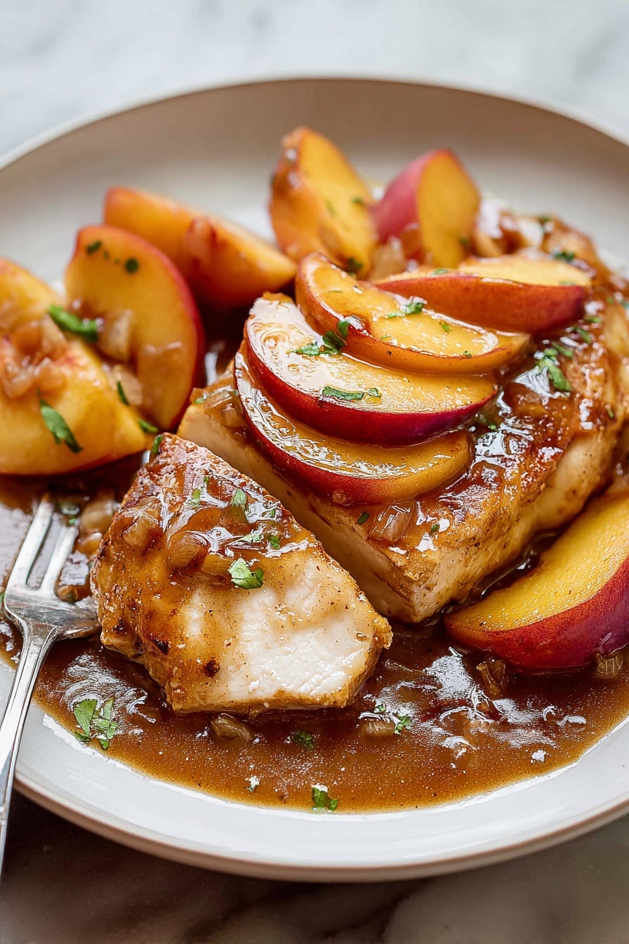 The dish shows a thick white piece of cooked meat, partially cut to reveal a tender inside. On top, there are several thin slices of peach with a reddish-yellow skin and orange flesh, sitting in a shiny, thick brown sauce that covers the entire plate surface. Around the meat on the white plate, there are soft-cooked peach wedges with the same color. The sauce has small bits of what looks like herbs and possibly caramelized onions, giving texture across the plate. A metal fork rests on the edge of the plate. The background is a blurred scene with a white marbled textured surface under the plate. Photo taken with an iphone --ar 2:3 --v 7 - Honey Peach Chicken Roast, chicken with peach glaze, easy summer chicken dinner, baked chicken with peaches, juicy chicken recipes