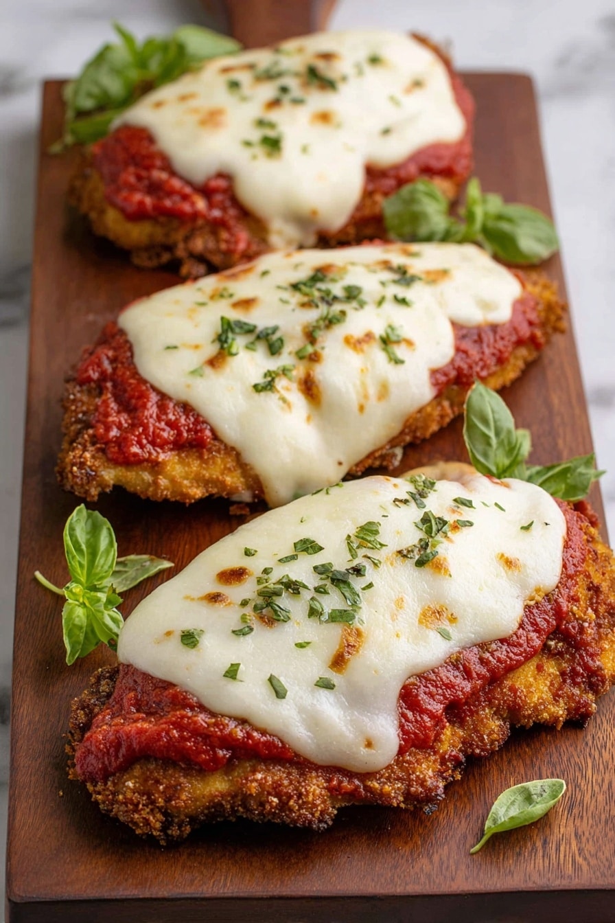 The image shows a close-up of sliced chicken topped with three layers: a golden and crispy bottom layer, a thick middle layer of red tomato sauce with a chunky texture, and a top layer of melted white cheese sprinkled with small green herb bits. The chicken slice is placed on a wooden board with a woman's hand holding a black fork, pressing down onto the cheese. The background features a soft brown cloth and a white marbled surface. photo taken with an iphone --ar 2:3 --v 7 - Crispy Chicken Parmesan, Crispy Chicken Parmesan recipe, Chicken Parmesan with crispy coating, cheesy Chicken Parmesan, easy Chicken Parmesan dinner
