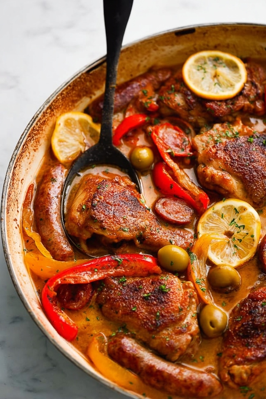 A white round dish filled with a rich broth holding several pieces of browned chicken thighs evenly spread around, with four browned sausages nestled between them. There are slices of red and yellow bell peppers near the center, along with small whole tomatoes and olives scattered throughout. Two thin lemon slices rest on top of one chicken piece near the edge. A black spoon is partially submerged in the broth, angled diagonally from the top left towards the center of the dish against a white marbled surface. photo taken with an iphone --ar 2:3 --v 7 - Chicken Riggies with Sausage and Peppers, Italian-American Pasta Recipes, Spicy Chicken Pasta, Easy Chicken Riggies, Sausage and Pepper Pasta
