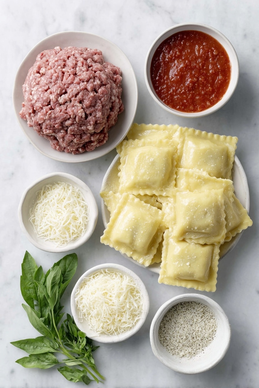 Flat lay of fresh cheese ravioli arranged in a neat pile, a small white ceramic bowl filled with vibrant red marinara sauce, a portion of raw ground hamburger meat shaped naturally, a small white bowl of shredded mozzarella cheese, a small white bowl with finely grated parmesan cheese, and a few sprigs of bright green fresh parsley placed loosely, all placed on a clean white marble surface, soft natural light, photo taken with an iPhone, professional food photography style, fresh ingredients, white ceramic bowls, no bottles, no duplicates, no utensils, no packaging --ar 2:3 --v 7 --p m7354615311229779997 - Make Ahead Ravioli Casserole, Make Ahead Ravioli Dish, Easy Make Ahead Dinner, Comforting Pasta Casserole, Make Ahead Family Dinner