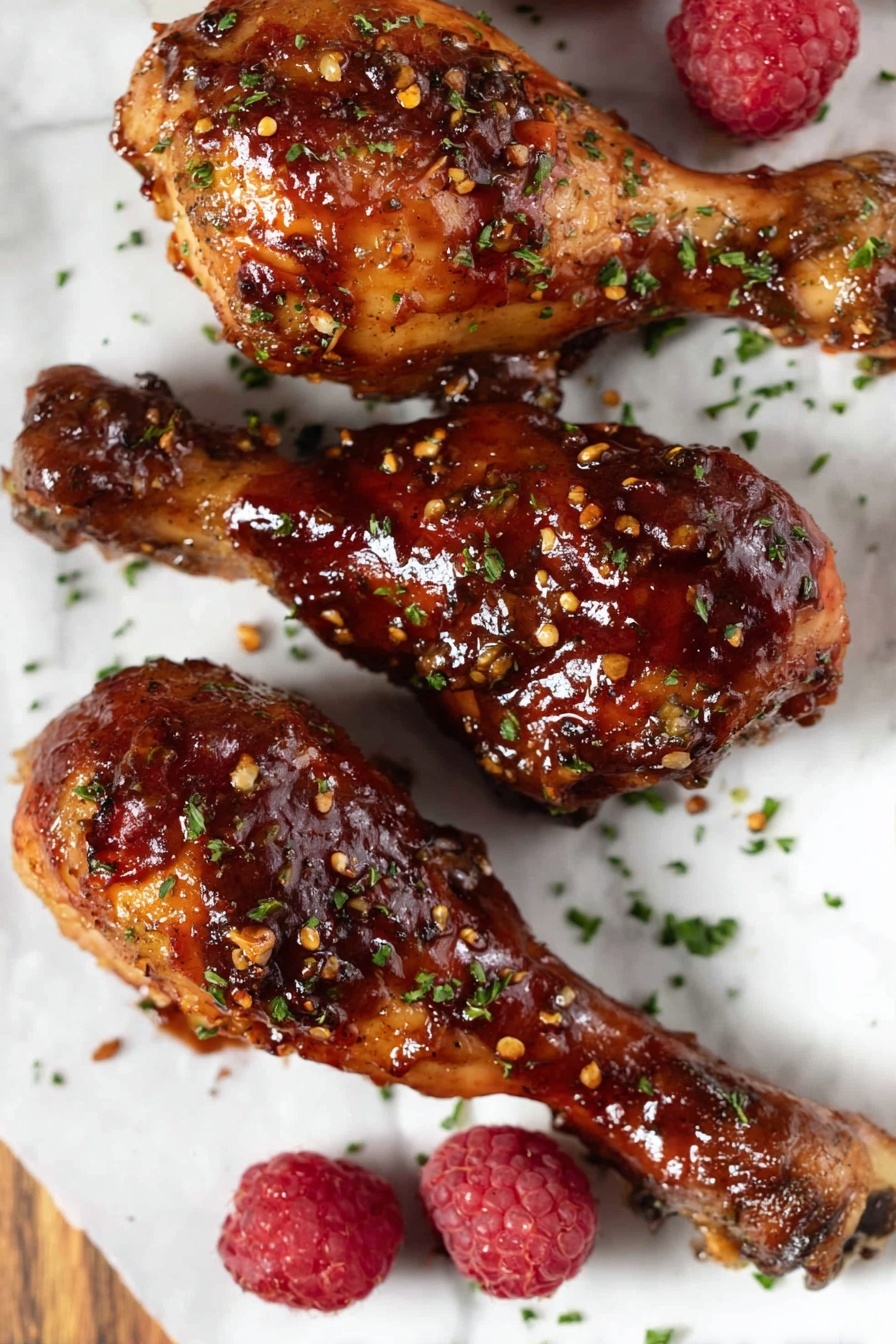 The image shows three cooked chicken drumsticks covered in a sticky, dark reddish-brown sauce with small bits of spices and herbs visible on the surface. They have a shiny texture, and the skin looks slightly crispy. The drumsticks lie on white parchment paper sprinkled with small, chopped green herbs. Around the drumsticks, there are three fresh raspberries adding a bright red color contrast. The scene is set on a white marbled surface. photo taken with an iphone --ar 2:3 --v 7 - Slow Cooker Raspberry Chicken Drumsticks, raspberry chicken recipe, easy slow cooker chicken, flavorful chicken drumsticks, sweet and tangy chicken
