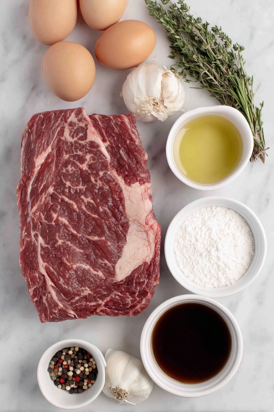 Flat lay of a large raw chuck roast with rich marbling, a few whole uncracked brown eggs, two garlic cloves with papery skins intact, a small bunch of fresh rosemary sprigs, a few stems of fresh thyme, a small white ceramic bowl filled with whole multicolored peppercorns, a small white ceramic bowl of coarse kosher salt, a small white ceramic bowl containing clear golden olive oil, a small white ceramic bowl with deep brown beef broth, and a small white ceramic bowl holding fine white cornstarch all neatly arranged in perfect symmetry on a clean white marble surface, soft natural light, photo taken with an iPhone, professional food photography style, fresh ingredients, white ceramic bowls, no bottles, no duplicates, no utensils, no packaging --ar 2:3 --v 7 --p m7354615311229779997 - Slow Cooker Roast Beef with Herbs, Roast Beef with Herbs, Slow Cooker Beef Recipe, Easy Herb Roast Beef, Juicy Slow Cooker Roast Beef