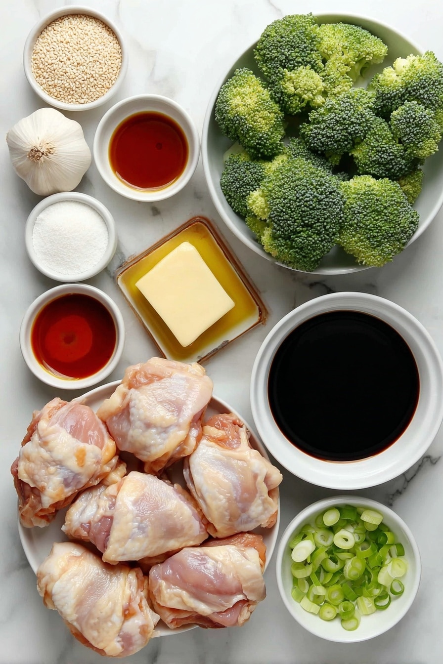 Flat lay of boneless skinless chicken thighs arranged neatly, fresh broccoli florets vibrant green, three whole garlic cloves with papery skins intact, small white bowls containing golden sesame oil, dark glossy soy sauce, amber honey, reddish hot sauce, pale chicken broth, and fine white cornstarch powder, a small pile of light brown sesame seeds, and a few sliced green onion rounds scattered delicately, all arranged with perfect symmetry on simple white ceramic bowls and plates, placed on a clean white marble surface, soft natural light, photo taken with an iPhone, professional food photography style, fresh ingredients, white ceramic bowls, no bottles, no duplicates, no utensils, no packaging --ar 2:3 --v 7 --p m7354615311229779997 - Crockpot Broccoli Chicken, slow cooker chicken and broccoli, easy healthy crockpot dinner, flavorful slow cooker chicken recipes, effortless crockpot chicken dish