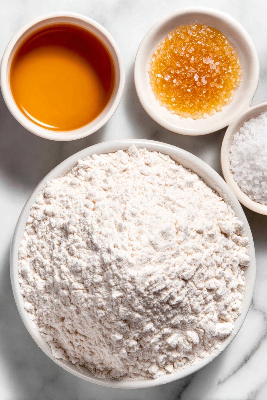 Flat lay of a mound of all-purpose flour lightly dusted on top, a small white ceramic bowl of lukewarm water, a few granules of instant dry yeast scattered beside the bowl, a small white ceramic bowl with golden honey, and a small white ceramic bowl filled with coarse salt, all placed symmetrically on a clean white marble surface, soft natural light, photo taken with an iPhone, professional food photography style, fresh ingredients, white ceramic bowls, no bottles, no duplicates, no utensils, no packaging --ar 2:3 --v 7 --p m7354615311229779997 - No Knead Italian Artisan Bread, Italian bread recipe, crusty homemade bread, easy artisan bread, rustic bread Baking