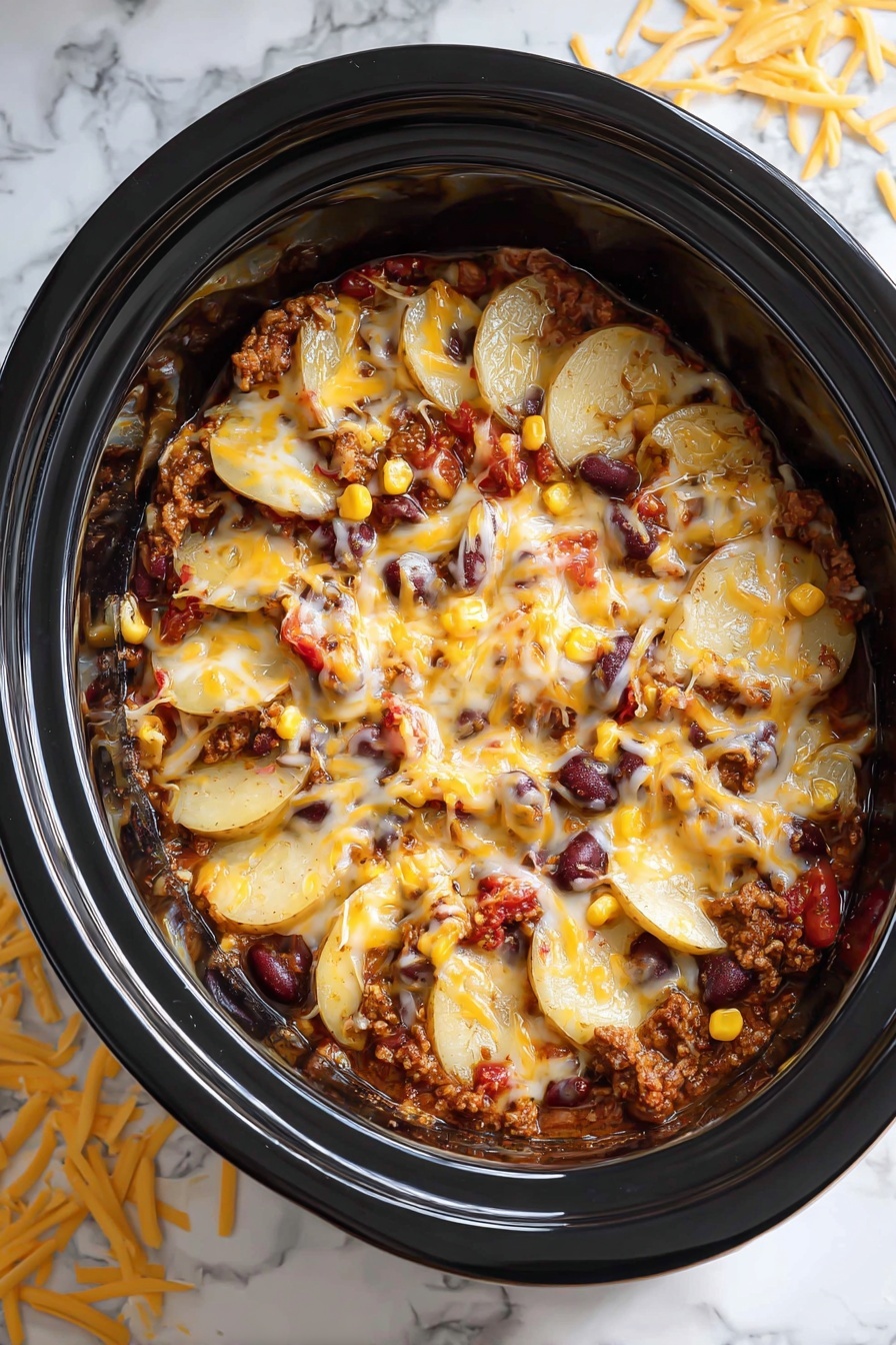 The image shows a slow cooker filled with a layered dish. The base layer consists of ground meat mixed with red kidney beans, yellow corn kernels, and diced tomatoes scattered throughout. Above this is a layer of sliced potatoes arranged in a circular pattern, partially submerged in the meat mixture. The entire dish is topped with melted cheese that is a mix of white and yellow, gushing over the potatoes and meat, giving a rich, creamy look. The dish sits on a white marbled surface with some shredded cheese off to the side. photo taken with an iphone --ar 2:3 --v 7 - Slow Cooker Cowboy Casserole, hearty crockpot dinner, easy family casserole, comforting slow cooker meals, southwestern slow cooker recipes