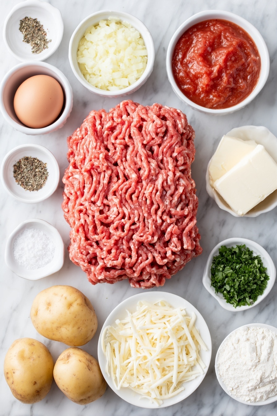 Flat lay of a pound of fresh lean ground beef shaped loosely into a mound, a small white ceramic bowl of finely chopped sweet yellow onion, a small white ceramic bowl filled with plain panko bread crumbs, one extra large whole egg with a clean shell, a small white ceramic bowl of Italian seasoning (a mix of dried herbs with green and brown specks), a small white ceramic bowl of kosher salt (white coarse grains), a small white ceramic bowl of freshly chopped curly parsley, a small white ceramic bowl of freshly cracked black pepper (black coarse fragments), five medium Yukon Gold potatoes with golden skin, a small white ceramic bowl with crushed bright red tomatoes, a few pats of sliced salted butter arranged neatly on a white ceramic plate, a small white ceramic bowl of all-purpose flour (fine white powder), a small white ceramic bowl of whole milk (off-white liquid), a small white ceramic bowl with ground nutmeg powder (light brown fine powder), a small white ceramic bowl of freshly shredded mozzarella cheese in soft strands, all ingredients arranged symmetrically and evenly spaced on a clean white marble surface, soft natural light, photo taken with an iPhone, professional food photography style, fresh ingredients, white ceramic bowls, no bottles, no duplicates, no utensils, no packaging --ar 2:3 --v 7 --p m7354615311229779997 - Cheesy Meatball Potato Bake, cheesy meatball casserole, meatball potato bake, hearty meatball dish, family dinner ideas