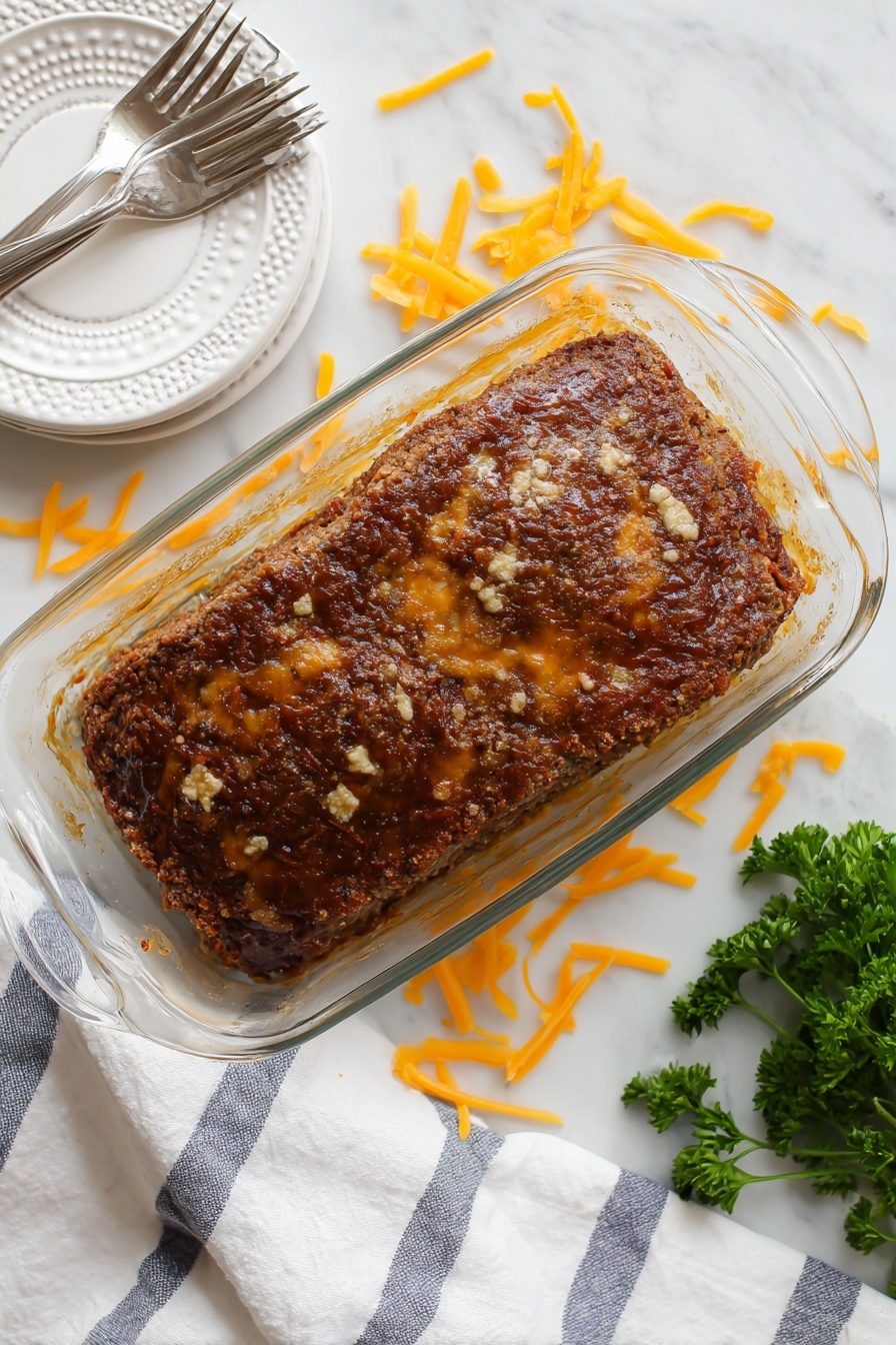 The image shows a close-up of a piece of meatloaf held by a fork in a woman's hand. The meatloaf has three layers: the top and bottom layers are brown and meaty with a soft texture, while the middle layer is a bright orange cheese slice with a smoother texture. Small bits of green parsley are sprinkled on the meatloaf piece. Behind it lies a white plate holding the rest of the meatloaf with the same layered pattern. The scene is set on a white marbled surface with blurred kitchen items in the white tile background. Photo taken with an iphone --ar 2:3 --v 7 - Cheese-Stuffed Meatloaf, meatloaf with cheese, best cheese-filled meatloaf, savory cheese meatloaf, easy cheese stuffed meatloaf