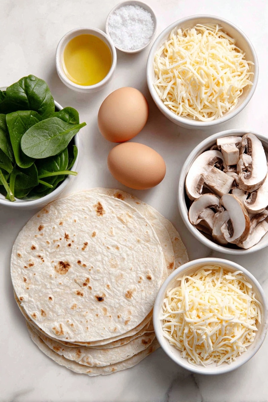 Flat lay of sliced fresh portobello mushrooms arranged next to a small pile of vibrant green spinach leaves, four soft flour tortillas stacked neatly, two whole brown eggs with clean shells, a small white ceramic bowl filled with golden olive oil, another small white bowl holding coarse salt crystals, thin slices of pale orange Muenster cheese laid in a fan, and a small white bowl overflowing with shredded Mexican cheese, all placed on a clean white marble surface, soft natural light, photo taken with an iPhone, professional food photography style, fresh ingredients, white ceramic bowls, no bottles, no duplicates, no utensils, no packaging --ar 2:3 --v 7 --p m7354615311229779997 - Mushroom Spinach Quesadillas, mushroom spinach quesadillas, cheesy mushroom quesadillas, healthy quesadilla recipes, quick vegetarian quesadillas