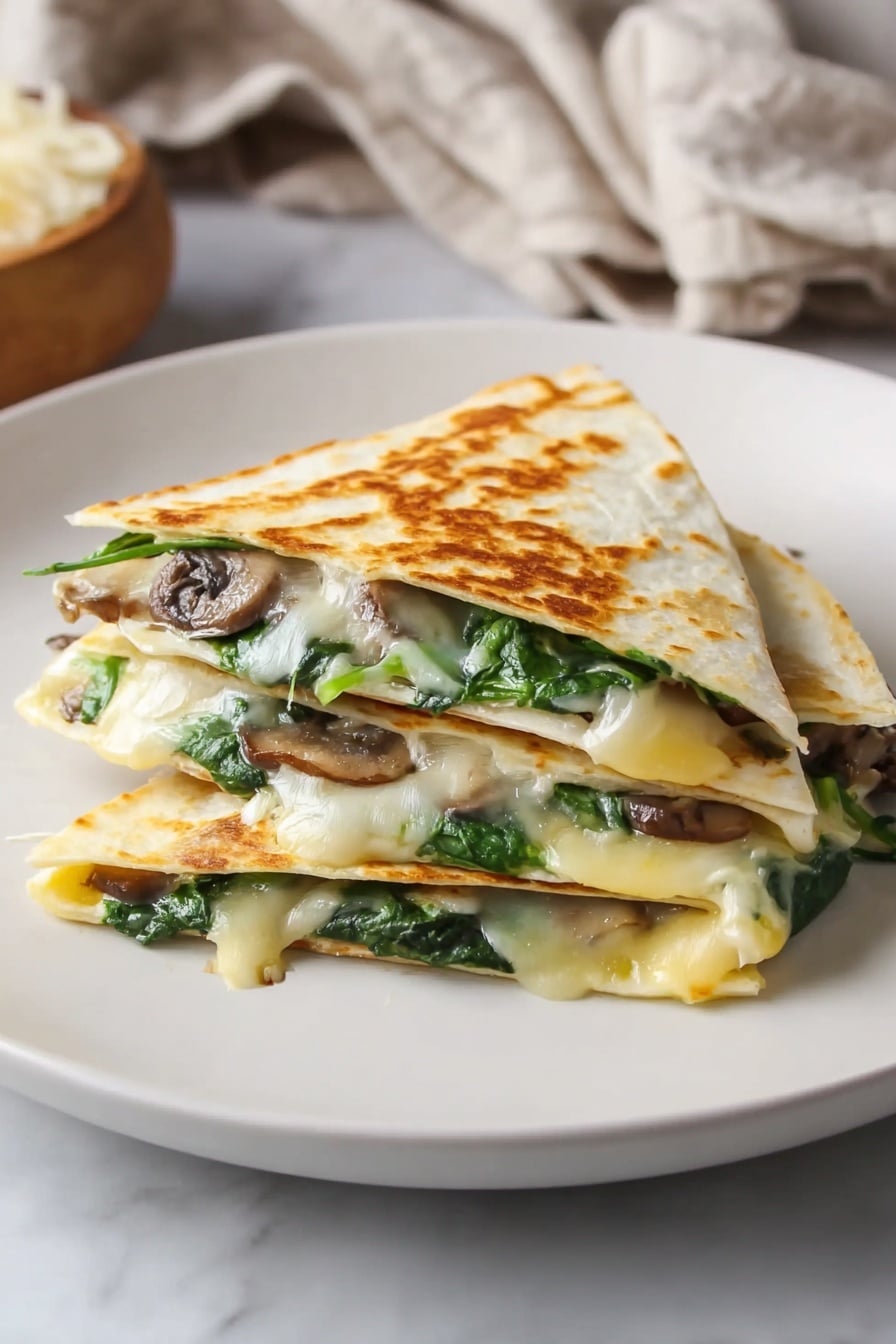 A white plate holds a stack of quesadilla slices layered three times, each layer showing light golden toasted tortillas filled with melted white cheese, green spinach leaves, and slices of brown mushrooms. The top tortilla is lightly browned with some small toasted spots. In the background, there is another white plate with a whole quesadilla cut into four pieces, also toasted golden brown on top, and a small yellow bowl filled with chunky red salsa placed on a dark brown cloth. The surface beneath is a white marbled texture. Photo taken with an iphone --ar 2:3 --v 7 - Mushroom Spinach Quesadillas, mushroom spinach quesadillas, cheesy mushroom quesadillas, healthy quesadilla recipes, quick vegetarian quesadillas