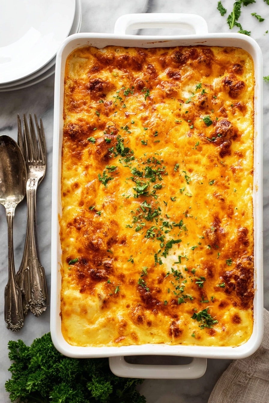 The image shows a close-up of a white bowl filled with baked cauliflower covered in a creamy, yellow cheese sauce. The cauliflower pieces are soft and slightly browned on top, giving a roasted texture with small green herb bits sprinkled over the cheese sauce. The bowl sits on a white marbled surface, and in the background, there is a white baking dish filled with more of the same cheesy cauliflower. Photo taken with an iphone --ar 2:3 --v 7 - Cheesy Cauliflower Bake, roasted cauliflower and cheese, cheesy vegetable casserole, easy cauliflower side dish, comforting veggie bake