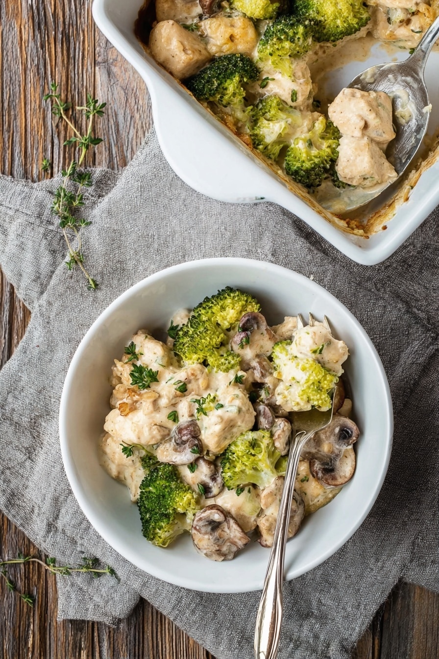 A white bowl filled with a creamy dish showing chunks of light beige chicken, bright green broccoli florets, and brownish mushrooms, all coated in a thick pale sauce. The bowl holds a fork with some food on it. Above the bowl is a white casserole dish with the same mixture, a spoon scooping from it. The casserole sits on a soft grey cloth on a wooden wood textured surface. Small green herbs are sprinkled on top of the food, adding a fresh touch. Photo taken with an iphone --ar 2:3 --v 7 - Healthy Chicken Broccoli Casserole, healthy chicken casserole, chicken broccoli bake, nutritious chicken casserole, easy healthy dinner
