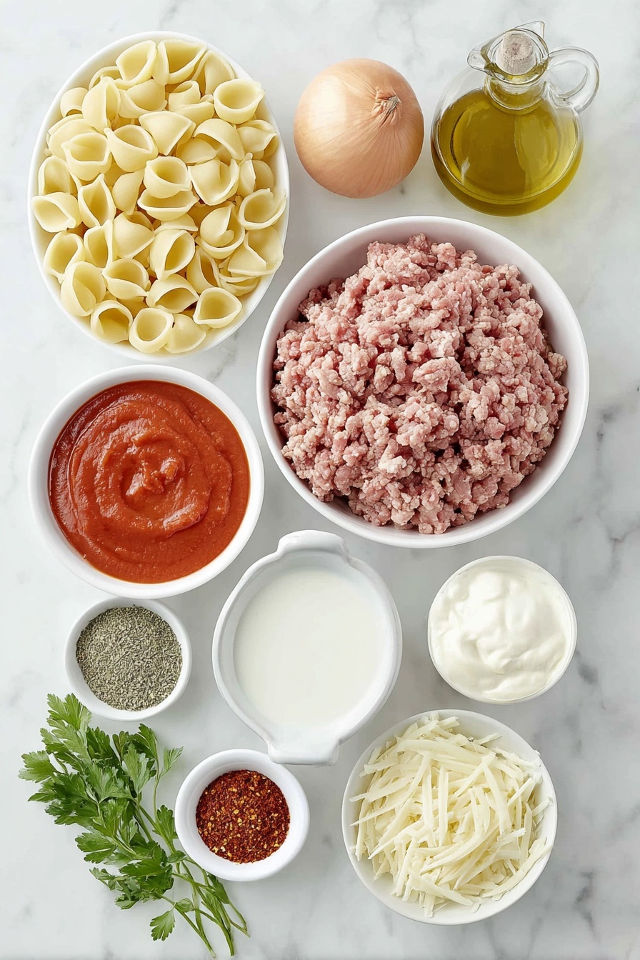 Flat lay of a small white ceramic bowl of golden olive oil, a medium yellow onion whole and unpeeled, three cloves of fresh garlic with papery skins intact, a mound of lean ground turkey, a small white bowl of bright red tomato paste, a small white bowl of smoked paprika powder, a small white bowl of dried oregano leaves, a small white bowl filled with rich chicken broth, a small white bowl of creamy milk, a small white bowl of smooth tomato sauce, uncooked pipe rigate pasta piled neatly, a small white bowl of shredded sharp cheddar cheese, a small bunch of fresh parsley sprigs, and a small white bowl of vibrant red pepper flakes, all arranged with perfect symmetry on a clean white marble surface, soft natural light, photo taken with an iPhone, professional food photography style, fresh ingredients, white ceramic bowls, no bottles, no duplicates, no utensils, no packaging --ar 2:3 --v 7 --p m7354615311229779997 - Healthy Turkey Pasta Bake, healthy pasta casserole, turkey pasta dinner, easy healthy baked pasta, lean turkey pasta dish
