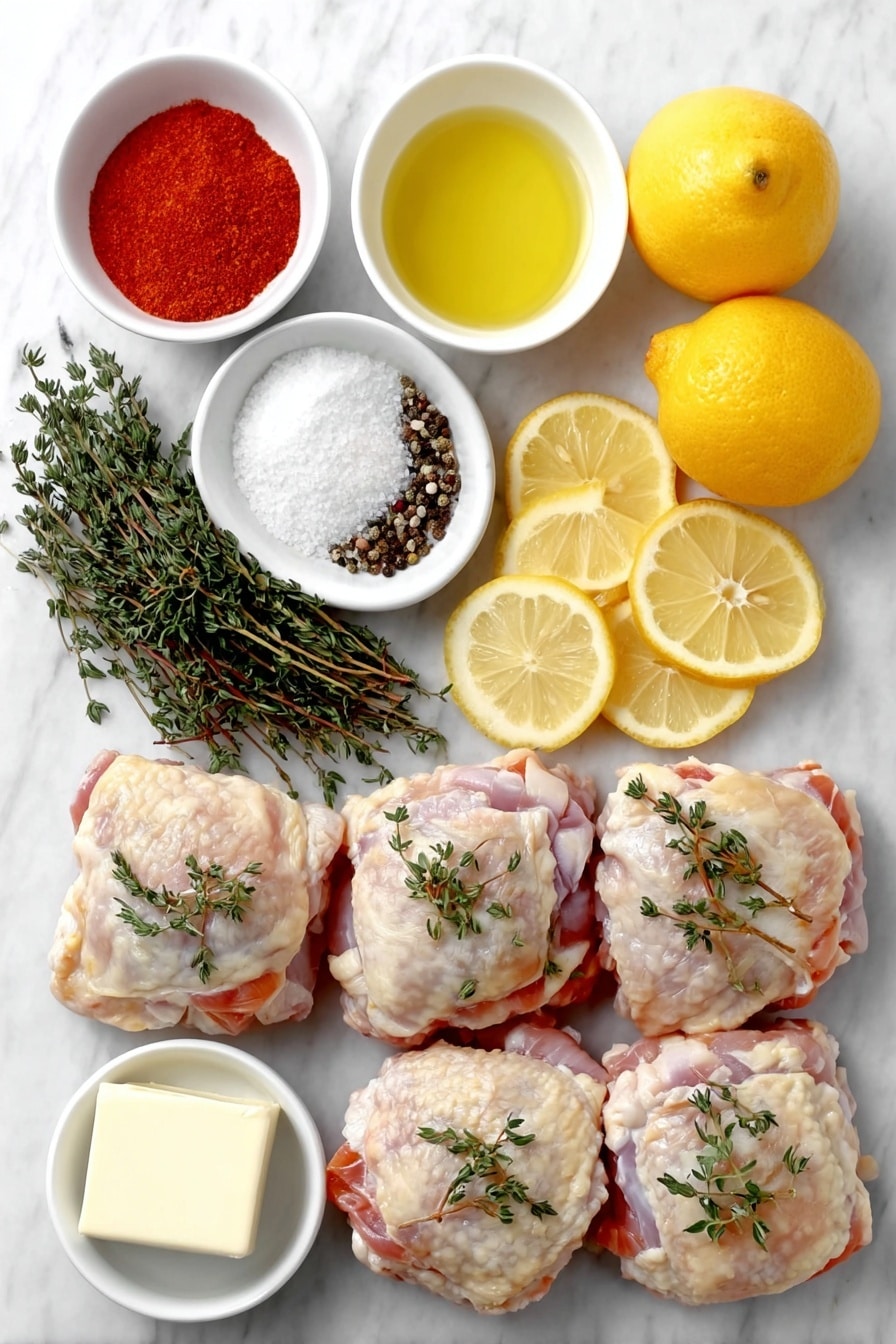 Flat lay of boneless skinless chicken thighs seasoned with Italian seasoning, paprika, chili powder, kosher salt, and black pepper arranged neatly, a small white ceramic bowl with extra virgin olive oil, a few fresh thyme sprigs, two large Honeycrisp apples sliced into half-inch pieces, a medium lemon sliced into thin rounds, two medium lemons juiced displayed as bright yellow lemon juice in a small white bowl, a small white bowl containing light brown sugar, and a small pat of unsalted butter on a simple white ceramic dish, all placed on a clean white marble surface, soft natural light, photo taken with an iPhone, professional food photography style, fresh ingredients, white ceramic bowls, no bottles, no duplicates, no utensils, no packaging --ar 2:3 --v 7 --p m7354615311229779997 - Apple Crisp, apple crisp recipe, easy apple crisp, fall dessert recipes, healthy apple crisp
