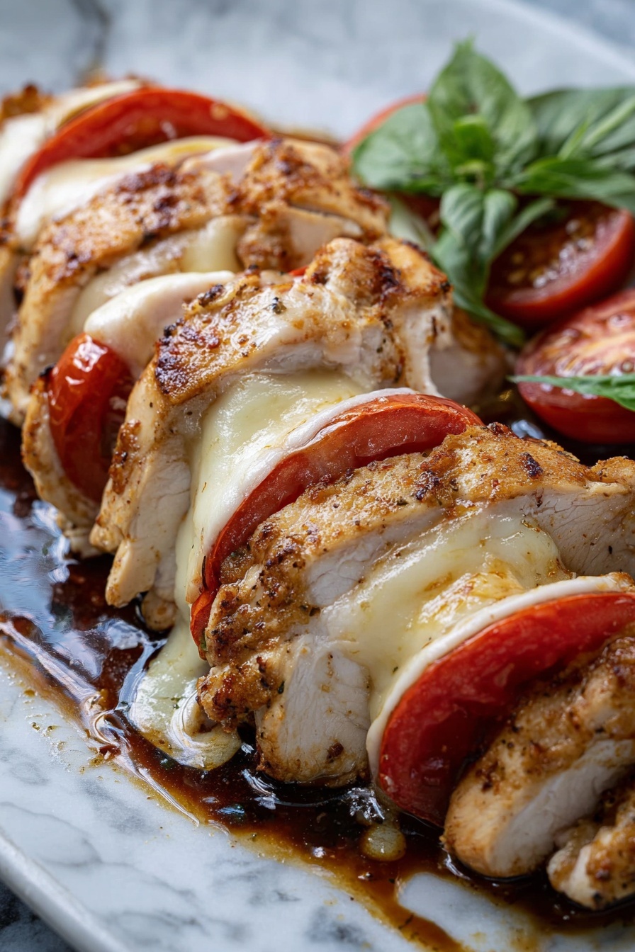 The dish shows sliced cooked chicken arranged horizontally with alternating layers of white melted cheese and bright red tomato slices placed between each piece. The chicken is golden brown with a slightly crispy texture on the outside. There is a dark sauce pooled around the base, adding a shiny moist look. A small green leafy garnish is placed at the edge on the right side. The whole scene sits on a white marbled surface. photo taken with an iphone --ar 2:3 --v 7 - Caprese Hasselback Chicken, Caprese chicken recipe, easy chicken dinner, baked chicken with mozzarella, tomato basil chicken
