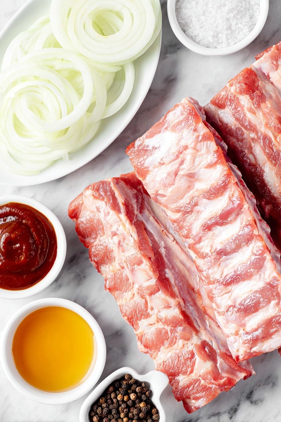 Flat lay of two racks of fresh raw pork spare ribs, a medium white onion sliced into thin rings arranged in a small pile, a small white ceramic bowl with glossy red chili sauce, a small white bowl with thick dark molasses, a small white bowl filled with amber apple cider vinegar, a small white bowl containing dark brown and coarse black peppercorns mixed with white salt crystals, all ingredients arranged symmetrically and naturally, placed on a clean white marble surface, soft natural light, photo taken with an iPhone, professional food photography style, fresh ingredients, white ceramic bowls, no bottles, no duplicates, no utensils, no packaging --ar 2:3 --v 7 --p m7354615311229779997 - Slow Cooker Ribs with Pepsi and Barbecue, tender ribs with Pepsi and barbecue, easiest ribs recipe, slow cooker barbecue ribs, fall-off-the-bone ribs