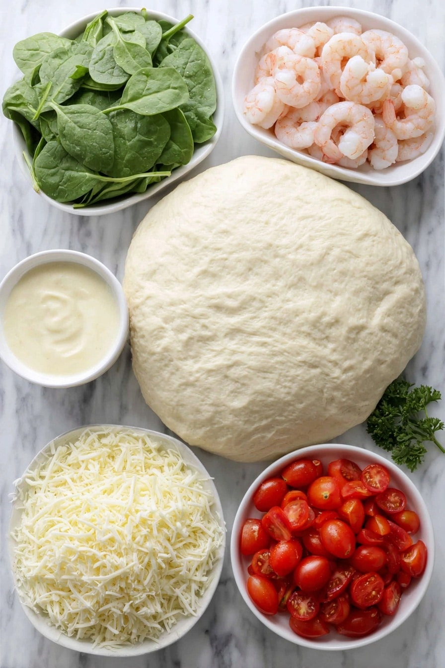 Flat lay of a smooth round ball of fresh pizza dough, a small white bowl of creamy alfredo sauce, a small white bowl of extra small cooked shrimp without skins or tails, a handful of fresh vibrant spinach leaves, thinly sliced pale purple shallot half arranged neatly, a small white bowl filled with halved bright red cherry tomatoes, a small white bowl heaped with shredded white mozzarella cheese, sprigs of fresh green parsley, and a small pile of grated pale yellow parmesan cheese, all placed on a clean white marble surface, soft natural light, photo taken with an iPhone, professional food photography style, fresh ingredients, white ceramic bowls, no bottles, no duplicates, no utensils, no packaging --ar 2:3 --v 7 --p m7354615311229779997 - Shrimp Alfredo Pizza, creamy shrimp pizza recipe, easy seafood pizza, homemade shrimp pizza, alfredo sauce pizza