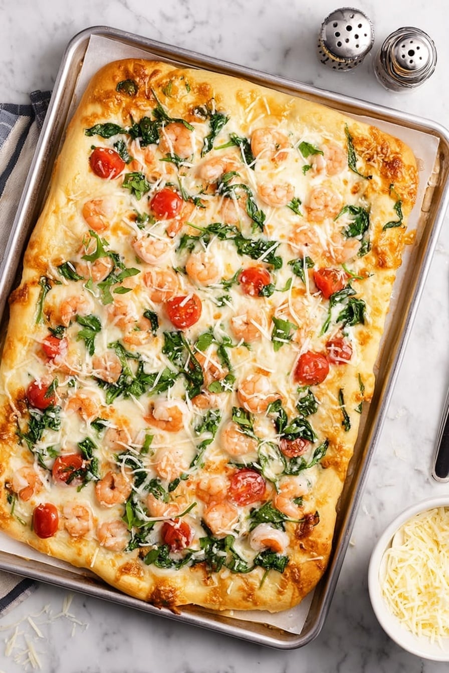 A slice of pizza is lifted by a woman's hand from a white plate on a white marbled surface. The pizza has three visible layers: a light golden-brown crust at the bottom, a layer of melted stretchy white cheese on top, and scattered pieces of red cherry tomato halves and green leafy spinach throughout. The cheese is thick and creamy with some strands pulling away as the slice is lifted, and small bits of herbs are sprinkled over the top. Photo taken with an iphone --ar 2:3 --v 7 - Shrimp Alfredo Pizza, creamy shrimp pizza recipe, easy seafood pizza, homemade shrimp pizza, alfredo sauce pizza