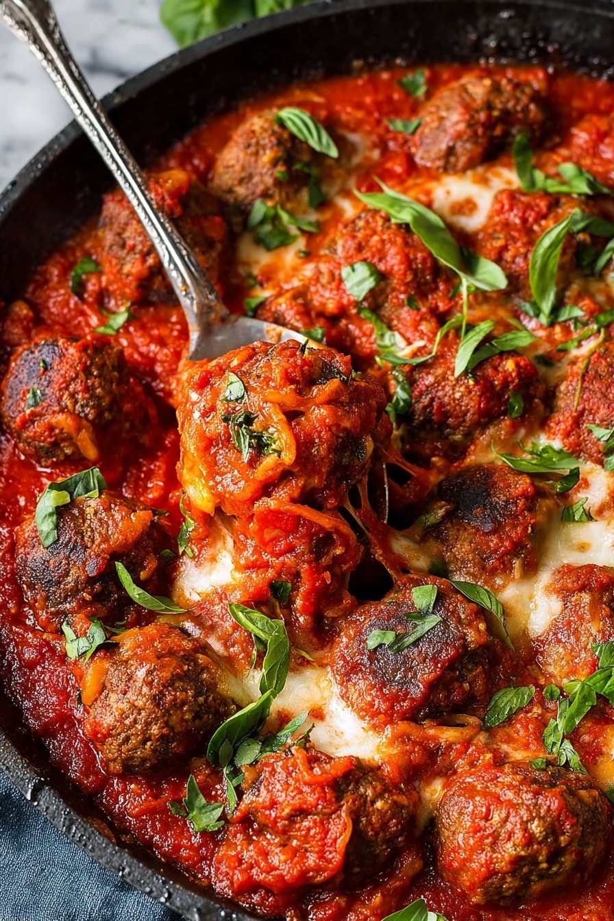 A black cast iron pan filled with a rich red tomato sauce, thick and chunky, covering meatballs that are brown with a slightly crispy texture. The sauce has visible pieces of tomato and small bits of herbs. Scattered over the sauce and meatballs are bright green parsley leaves and sliced green onions, adding a fresh color contrast. There are also a few whole basil leaves on top. The pan rests on a white marbled surface with a blue cloth underneath. Photo taken with an iphone --ar 2:3 --v 7 - Cheese-Stuffed Pizza Meatballs, Italian meatball recipes, cheesy meatball ideas, appetizer recipes with cheese, hearty meatball dinner ideas