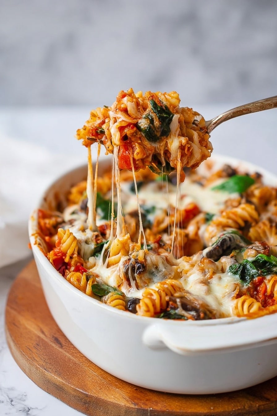 In a white oval baking dish, there is a pasta bake made of orange spiral pasta mixed with dark brown mushroom slices, dark green spinach leaves, and red tomato pieces. The top layer has white melted cheese sections slightly browned in spots, scattered unevenly. Fresh bright green basil leaves are placed on top for garnish. The dish sits on a white and gray striped cloth on a white marbled surface with a few cherry tomatoes and basil leaves around it for decoration. Photo taken with an iphone --ar 2:3 --v 7 - Vegetable Baked Pasta with Mozzarella, baked vegetable pasta dish, cheesy vegetable pasta, healthy baked pasta recipe, veggie pasta casserole