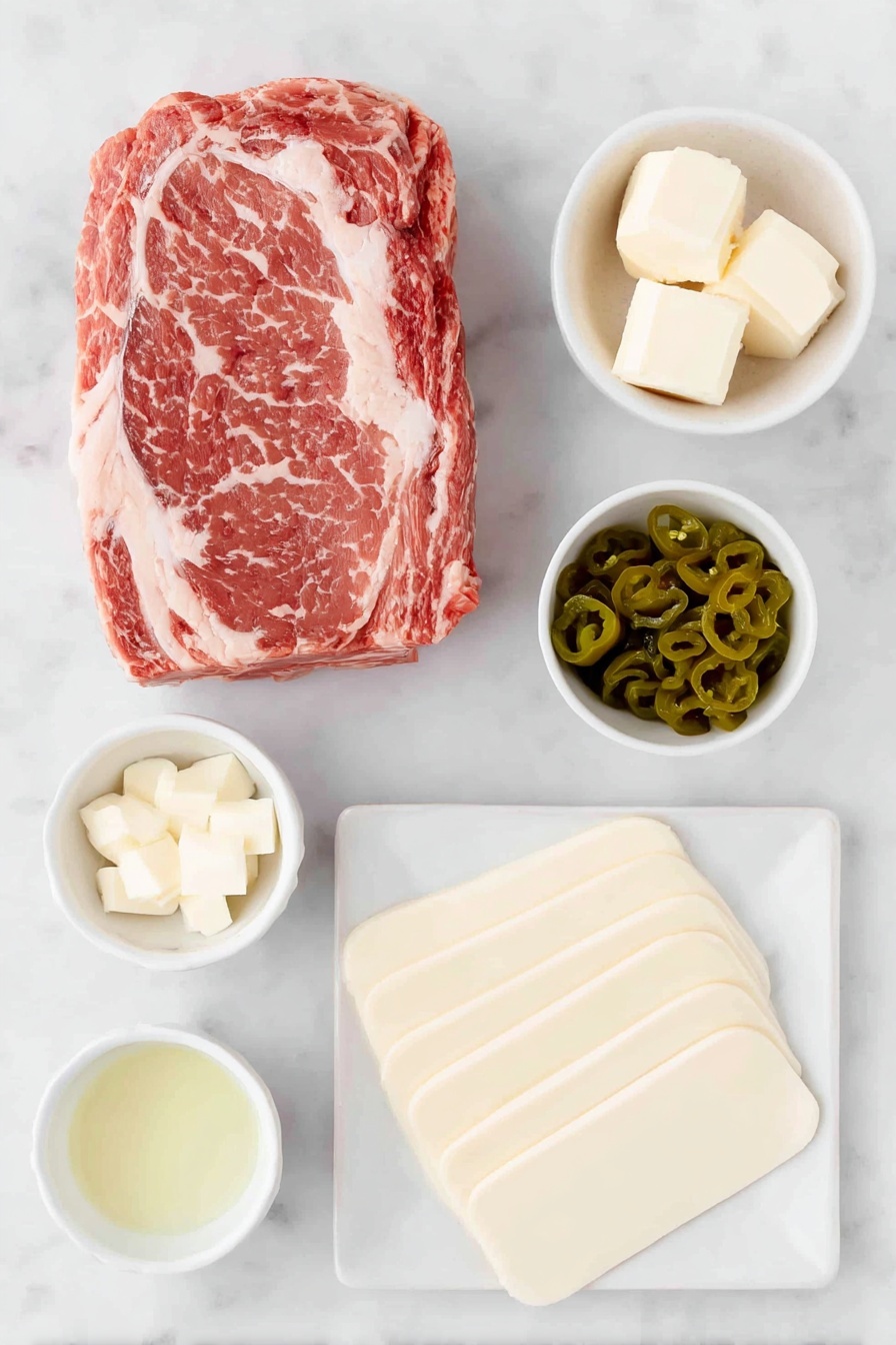 Flat lay of a raw chuck roast with marbled red and white meat, a small white ceramic bowl filled with bright green pepperoncini peppers, a small white ceramic bowl containing pale yellow pepperoncini juice, a few irregular cubes of fresh pale yellow butter, a stack of eight soft sub rolls with golden-brown crusts, and eight slices of creamy white provolone cheese arranged neatly on a simple white ceramic plate, placed on a clean white marble surface, soft natural light, photo taken with an iPhone, professional food photography style, fresh ingredients, white ceramic bowls, no bottles, no duplicates, no utensils, no packaging --ar 2:3 --v 7 --p m7354615311229779997 - Slow Cooker Italian Beef Sandwiches, Italian Beef Sandwiches, Easy Beef Sandwiches, Slow Cooker Recipes, Italian Deli Sandwiches