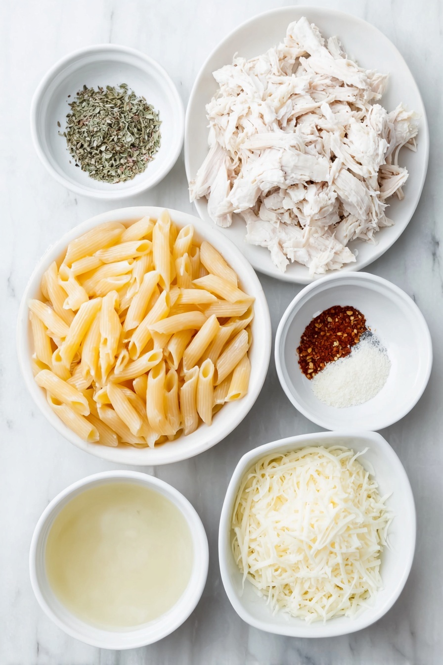 Flat lay of uncooked rotini pasta in a small white ceramic bowl, shredded rotisserie chicken on a simple white plate, a small white bowl filled with creamy Alfredo sauce, another small white bowl containing clear chicken broth, a small white dish with mixed Italian seasoning herbs, a small white bowl of fine garlic powder, a small white bowl of freshly ground black pepper, and a small white bowl heaped with shredded mozzarella cheese, all arranged in perfect symmetry and balanced proportions, placed on a clean white marble surface, soft natural light, photo taken with an iPhone, professional food photography style, fresh ingredients, white ceramic bowls, no bottles, no duplicates, no utensils, no packaging --ar 2:3 --v 7 --p m7354615311229779997 - Quick Chicken Alfredo Pasta Bake, Creamy Pasta Bake, Easy Chicken Pasta Dinner, cheesy casserole with Alfredo sauce, quick weeknight pasta recipe
