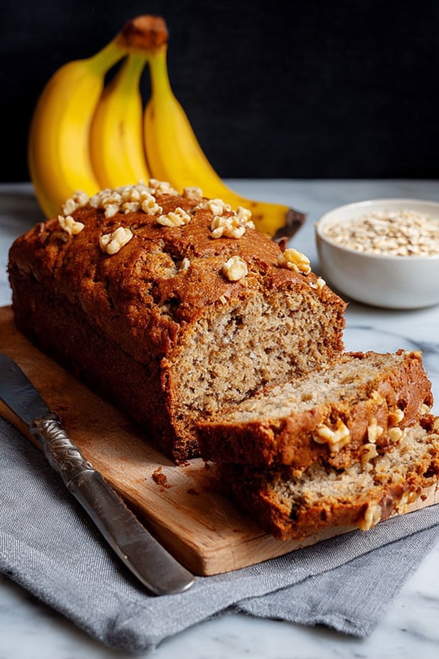 A single slice of brown oat bread with a soft, textured crumb and darker, crusty edges sits centered in a white plate. The slice is topped with a square pat of melting white butter, with a few drops of honey or syrup glistening on it. The plate rests on a white marbled surface with other oat bread slices and a yellow banana partially visible around the edges. The lighting is soft and natural, highlighting the texture of the bread and butter. photo taken with an iphone --ar 2:3 --v 7 - Vegan Banana Bread with Almond Butter, gluten-free banana bread, healthy vegan banana bread, easy vegan banana loaf, moist banana bread recipe