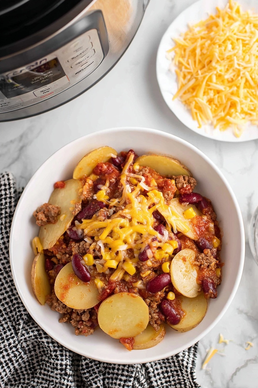 A white bowl is filled with a layered dish starting with a base of round, thin potato slices showing a light golden color and soft texture, topped with a mix of browned ground meat, red kidney beans, and small yellow corn kernels. Small chunks of reddish tomato sauce are spread throughout the top layer, along with melted yellow and white cheese. To the side and slightly behind the bowl, a white small plate holds a heap of shredded yellow and white cheese. The scene is set on a white marbled surface, with part of a stainless steel and black crockpot visible in the top left corner, and a black and white checkered cloth under the bowl. Photo taken with an iphone --ar 2:3 --v 7 - Slow Cooker Cowboy Casserole, hearty crockpot dinner, easy family casserole, comforting slow cooker meals, southwestern slow cooker recipes