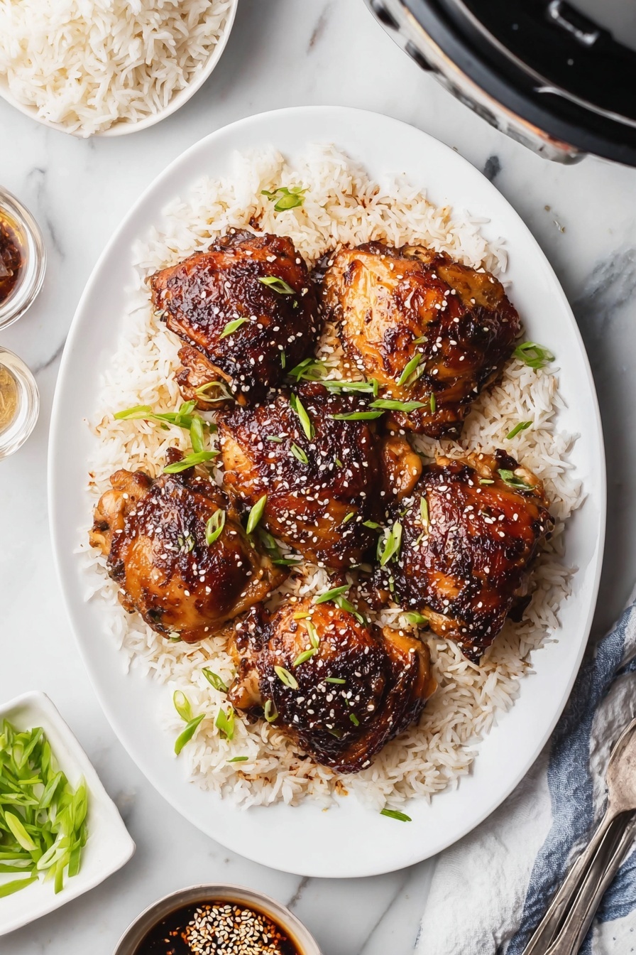 The image shows six pieces of browned chicken thighs with a shiny glaze, arranged on top of a bed of white rice on a white oval plate. The chicken pieces have a slightly crispy texture with a dark caramelized color, and they are sprinkled with small sesame seeds and thin slices of green onions. The rice underneath is fluffy and scattered around the chicken, with some sauce soaking into it, adding a light brown color. Around the plate on a white marbled surface, there are small white dishes with sliced green onions and a dark soy-based sauce with sesame seeds, alongside another white plate partly visible with plain white rice. A woman's hand can be seen partly holding a fork at the bottom right. Photo taken with an iphone --ar 2:3 --v 7 - Slow Cooker Teriyaki Chicken Thighs, easy slow cooker chicken recipes, healthy teriyaki chicken dinner, juicy chicken thighs stir-fry, flavorful slow cooker chicken