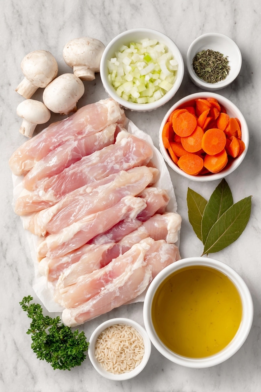 Flat lay of fresh raw turkey breast tenderloins, a small cluster of whole white button mushrooms sliced evenly, thinly sliced bright orange carrots, crisp pale green celery stalks sliced, diced white onion pieces in a small white ceramic bowl, a small white bowl filled with minced fresh garlic, dried basil and thyme herbs scattered naturally as dried leaves, a small white bowl containing coarse salt, a smaller white bowl with ground black pepper, three fresh green bay leaves arranged neatly, a small white ceramic bowl holding golden chicken broth, a pile of uncooked brown rice grains beside it, all arranged with perfect symmetry and natural proportions on a clean white marble surface, soft natural light, photo taken with an iPhone, professional food photography style, fresh ingredients, white ceramic bowls, no bottles, no duplicates, no utensils, no packaging --ar 2:3 --v 7 --p m7354615311229779997 - Slow Cooker Turkey and Rice Soup, turkey and rice soup, easy slow cooker soup, healthy turkey soup, hearty rice soup