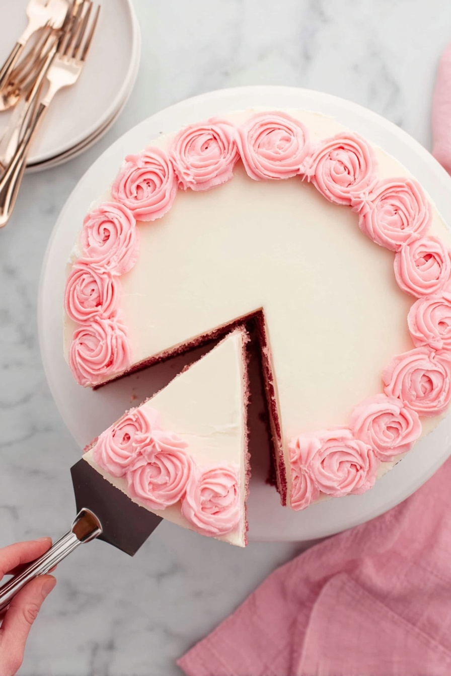 A round cake with two visible layers, each layer a deep reddish-brown color, separated by a thin white cream filling. The whole cake is covered with smooth white icing on top and sides, decorated with a ring of light pink rose-shaped frosting around the top edge. A wedge-shaped slice is being lifted from the cake with a silver spatula held by a woman's hand, showing the clean cut between the pink frosting and the cake layers. The cake is placed on a white plate, set on a white marbled surface with a white plate holding two forks and a pink cloth nearby. Photo taken with an iphone --ar 2:3 --v 7 - Pink Velvet Cake with Cream Cheese Frosting, pink velvet cake, vibrant pink cake, cream cheese frosting recipe, Valentine's Day cake