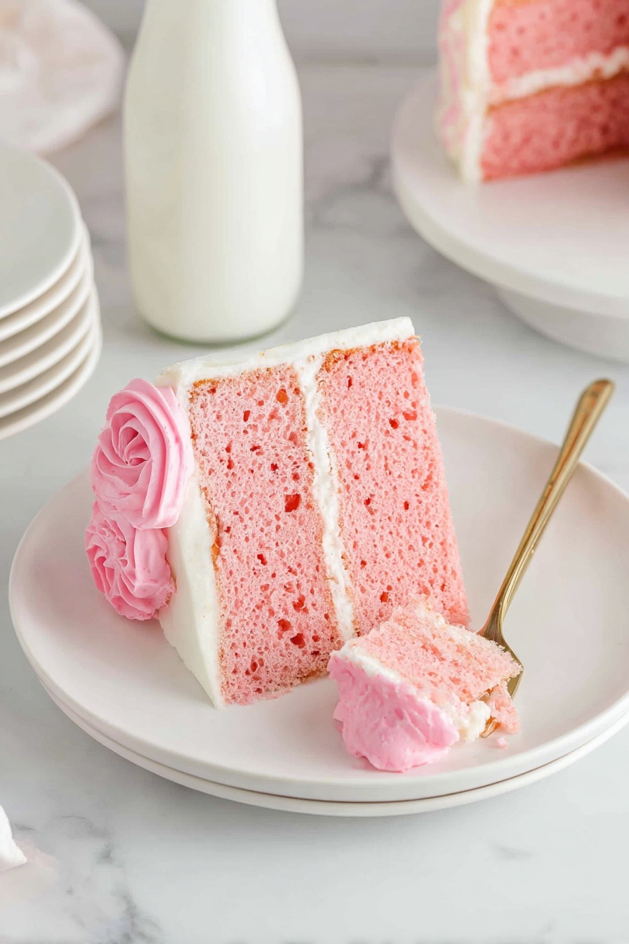 A slice of pink cake with two layers sits on a white plate. Each layer is light pink with small holes in the texture. Between the layers is a thin, smooth white cream layer. There is also a thick layer of white cream on the outside edges of the cake. On the left edge of the slice, there is a swirl of brighter pink frosting. A gold fork rests on the plate, holding a small piece of cake with cream. The setting has a white marbled surface with a blurred bottle of milk and stacked white plates in the background. Photo taken with an iphone --ar 2:3 --v 7 - Pink Velvet Cake with Cream Cheese Frosting, pink velvet cake, vibrant pink cake, cream cheese frosting recipe, Valentine's Day cake