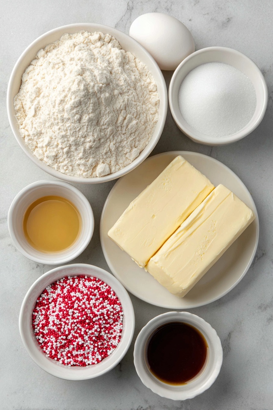 Flat lay of a small mound of all-purpose flour, a white ceramic bowl filled with granulated sugar, two sticks of unsalted butter with creamy texture, one large whole egg with a clean shell, a small white ceramic bowl holding golden vanilla extract, another small white ceramic bowl with pale almond extract, a few blobs of pink and red gel food coloring on a white plate, and a small white ceramic bowl filled with red and pink Valentine's Day nonpareil sprinkles, all arranged in perfect symmetry, placed on a clean white marble surface, soft natural light, photo taken with an iPhone, professional food photography style, fresh ingredients, white ceramic bowls, no bottles, no duplicates, no utensils, no packaging --ar 2:3 --v 7 --p m7354615311229779997 - Valentine’s Day Slice and Bake Cookies, festive Valentine’s cookies, easy heart-shaped cookies, holiday cookie ideas, colorful Valentine treats