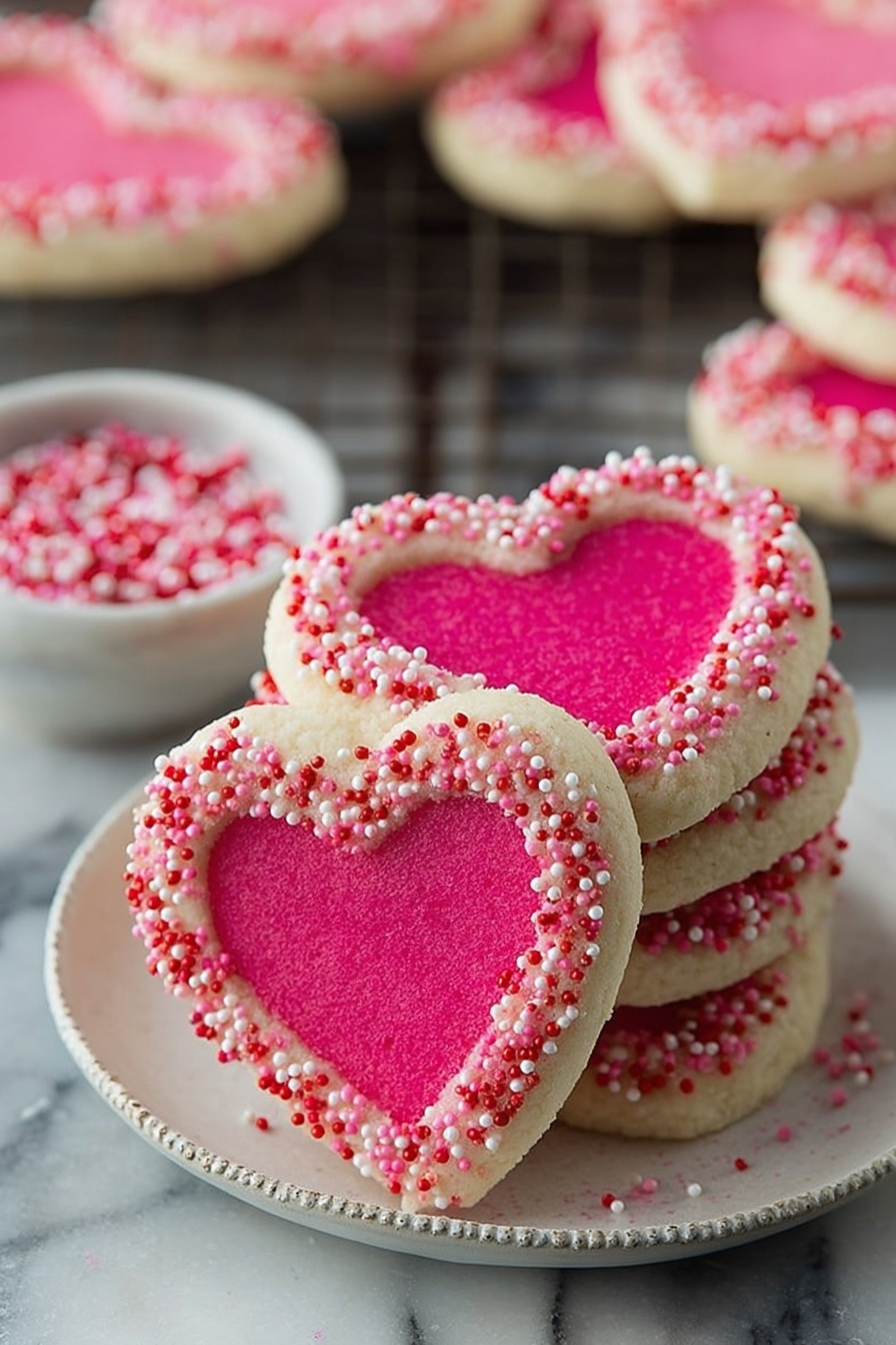 A dark round plate filled with heart-shaped cookies, each cookie having three layers: a bright red or pink heart center, surrounded by a light cream-colored outer layer, and decorated on the edges with small pink, dark pink, and white round sprinkles. The cookies are stacked unevenly on the plate, with some lying flat and others slightly tilted. The plate rests on a wire cooling rack placed on a white marbled surface, with some sprinkles scattered around. In the background, there is a large red cup with white milk inside, wrapped in a knitted white cozy, and a small bowl filled with the same pink and white sprinkles. Photo taken with an iphone --ar 2:3 --v 7 - Valentine’s Day Slice and Bake Cookies, festive Valentine’s cookies, easy heart-shaped cookies, holiday cookie ideas, colorful Valentine treats