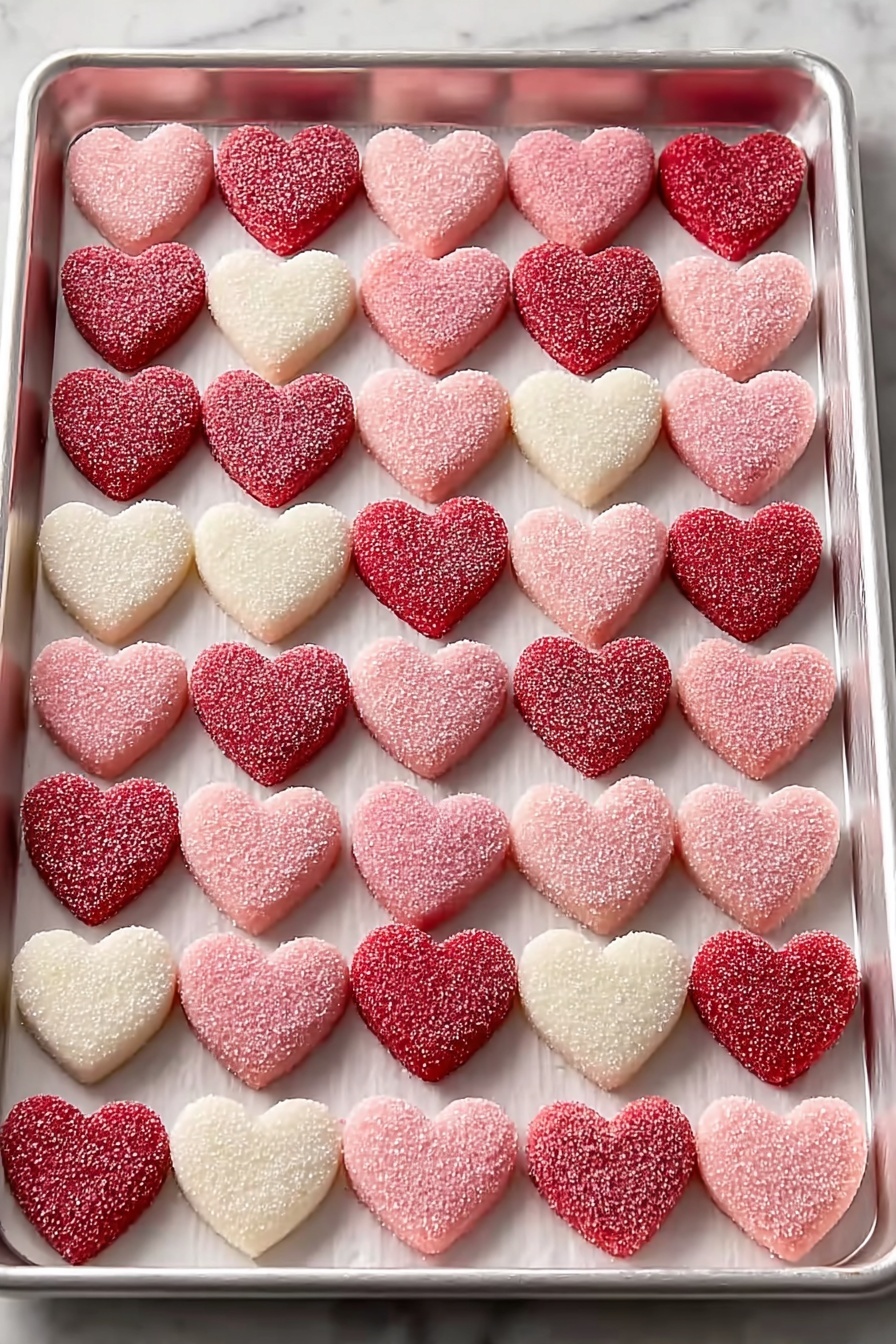 The image shows a white square dish full of heart-shaped candies in three colors: red, light pink, and white. Each candy has a slightly grainy sugar texture on the outside, making them look sparkly. The candies are stacked and scattered on the dish, with some overlapping each other. The background is a white marbled surface with a red cloth featuring white polka dots blurred behind the dish. photo taken with an iphone --ar 2:3 --v 7 - Cream Cheese Mints, Cream Cheese Mints Recipe, Homemade Mint Candies, Easy Mint Candy, No-Bake Mint Treats