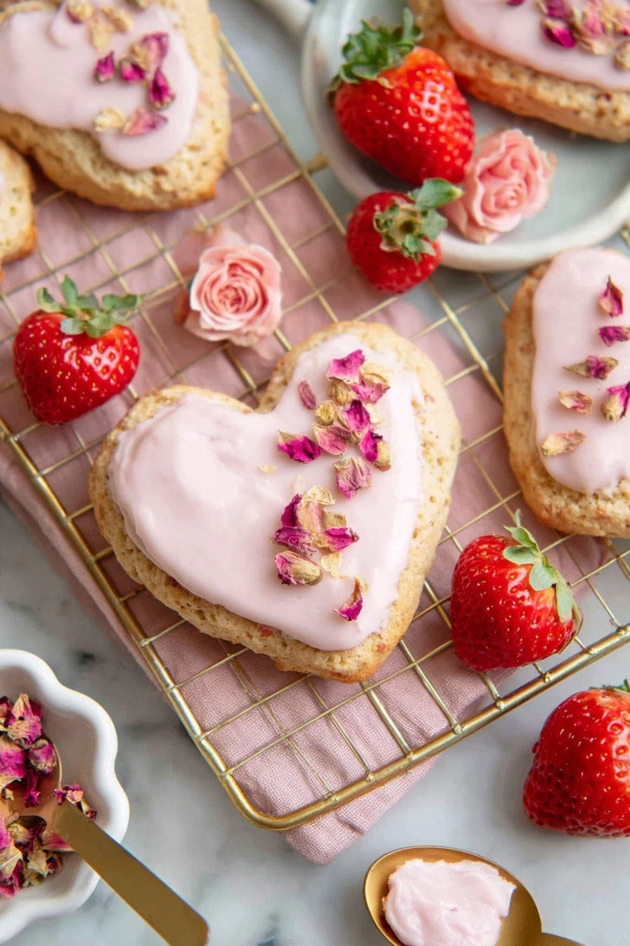 The image shows heart-shaped scones with a light brown, soft texture as the base layer, each topped with a smooth, pale pink frosting layer evenly spread on top. Small, dried rose petals are scattered on the frosting, adding texture and color contrast. These scones rest on a gold wire cooling rack placed over a soft pink cloth, surrounded by fresh red strawberries with green leaves. To the side, a white scalloped dish holds more dried rose petals, and a golden spoon with a dollop of pink frosting lies nearby on a white marbled surface. The setup looks delicate and fresh, with clear lighting highlighting the colors and textures. photo taken with an iphone --ar 2:3 --v 7 - Strawberry Rose Scones, floral strawberry scones, homemade strawberry scones, tea time scones, fruity summer scones