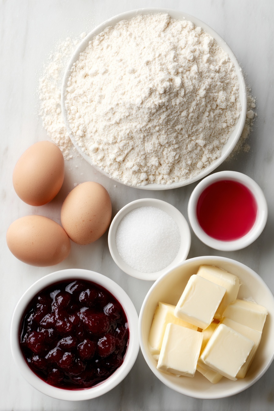 Flat lay of all purpose flour in a small mound, coarse sea salt scattered beside it, rectangular chunks of cold unsalted butter, a small white ceramic bowl filled with cold water, three whole uncracked brown eggs with clean shells, granulated sugar in a small white ceramic bowl, a small white ceramic bowl containing vibrant red liquid from red food coloring, a simple white ceramic bowl with glossy cherry pie filling, all ingredients arranged symmetrically and balanced placed on a clean white marble surface, soft natural light, photo taken with an iPhone, professional food photography style, fresh ingredients, white ceramic bowls, no bottles, no duplicates, no utensils, no packaging --ar 2:3 --v 7 --p m7354615311229779997 - Heart Shaped Cherry Pie Hand Pies, Cherry Pie Hand Pies, Valentine's Day Hand Pies, Heart-Shaped Dessert Recipes, Festive Cherry Pastries