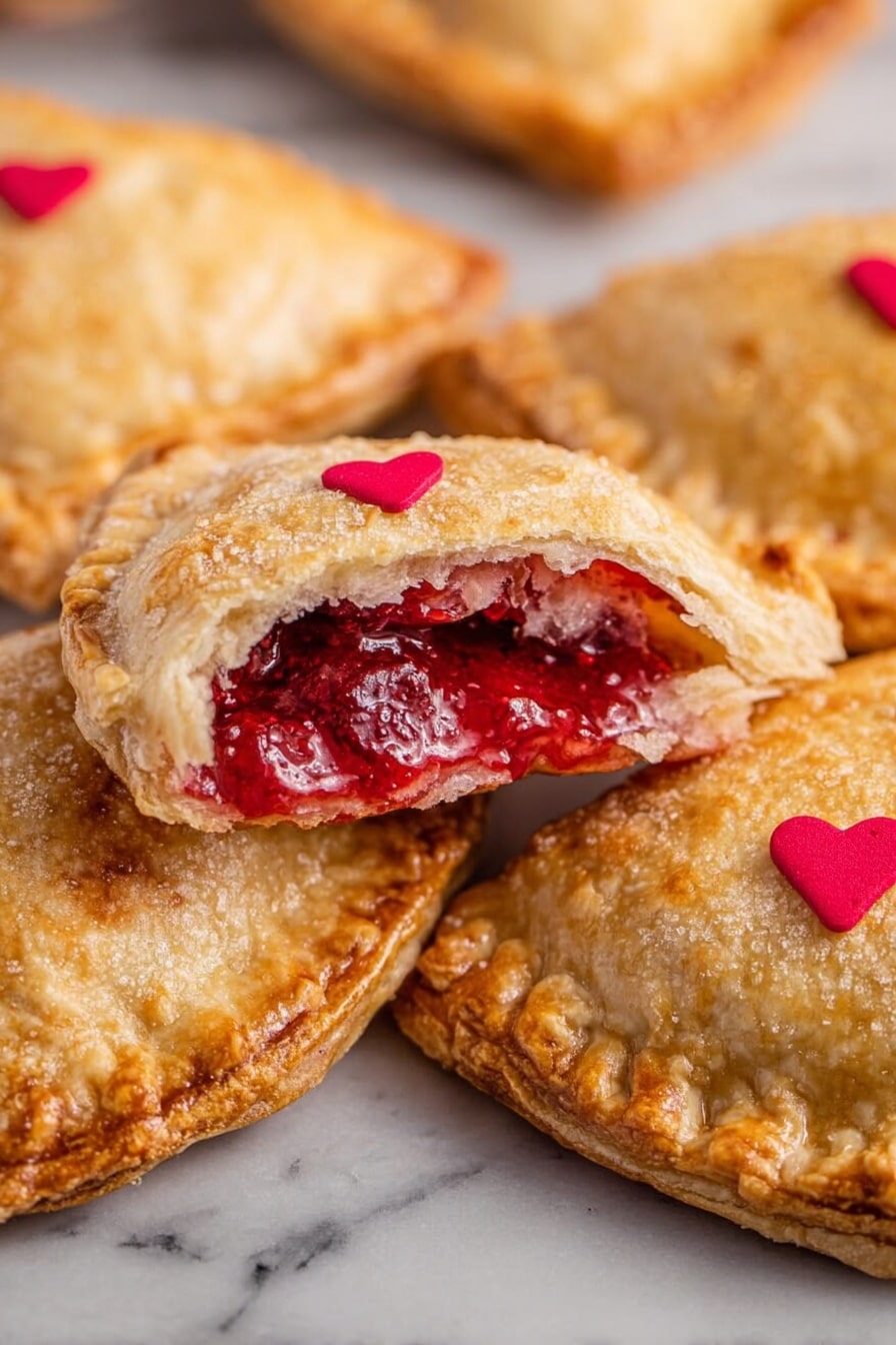 A pile of golden brown heart-shaped pastries with slightly crimped edges rests on a round wooden board. Each pastry has a small red heart decoration on top showing a rough texture, and some have a slight sugary dusting. The wooden board is on a white marbled surface surrounded by a few red cherries and scattered round pink, white, and red decorations. A soft-focus background shows a wooden box with the word