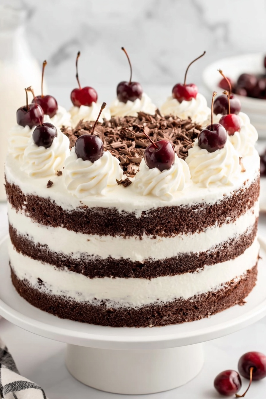 A slice of chocolate cake is held above a white plate with a white marbled texture in the background. The cake has three thick layers of dark brown chocolate sponge. Between the layers, there is a smooth white cream layer with whole dark red cherries sitting inside. The outside of the cake is covered with white cream, and the top has swirls of white cream with whole cherries on each swirl. In the center, the top is decorated with dark chocolate shavings spread evenly. The slice also has white cream and cherries between the sponge layers, matching the whole cake below. Photo taken with an iphone --ar 2:3 --v 7 - Black Forest Cake with Cherries and Chocolate, German Black Forest Cake, Chocolate Cherry Cake, Classic Black Forest Dessert, Homemade Black Forest Cake