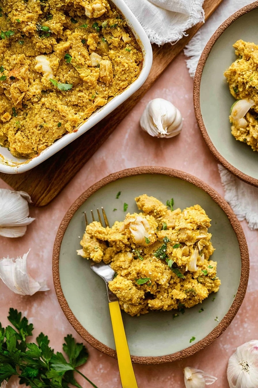 A light gray rectangular baking dish holds a single thick layer of a textured casserole with a rough, crumbly surface in shades of golden yellow and brown. Visible within the topping are small bits of white, likely shredded ingredients, adding some contrast. The edges of the casserole touch the sides of the dish, creating a dense, uniform layer across the container. The dish is placed on a white marbled surface. photo taken with an iphone --ar 2:3 --v 7 - Easy Chicken Cornbread Dressing, chicken cornbread dressing, soulful dressing recipe, holiday chicken dressing, comforting cornbread casserole