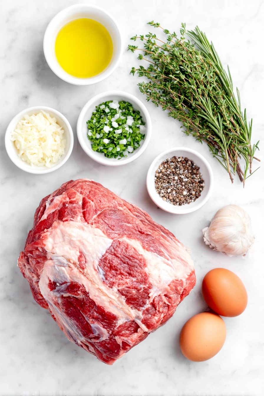 Flat lay of a whole boneless leg of lamb with deep red color and fresh texture, a small white ceramic bowl of golden olive oil, a small white ceramic bowl filled with finely chopped fresh garlic, a small white ceramic bowl of bright yellow fresh lemon juice, a few sprigs of fresh green rosemary, a few sprigs of fresh green thyme, a small white ceramic bowl containing freshly grated lemon zest, a small white ceramic bowl of coarse salt, a small white ceramic bowl of freshly ground black pepper, and several fresh lemon wedges with bright yellow skin and juicy interiors arranged symmetrically, placed on a clean white marble surface, soft natural light, photo taken with an iPhone, professional food photography style, fresh ingredients, white ceramic bowls, no bottles, no duplicates, no utensils, no packaging --ar 2:3 --v 7 --p m7354615311229779997 - Juicy Roast Boneless Lamb Leg, roasted lamb recipes, tender lamb roast, lemon herb lamb, Sunday dinner lamb